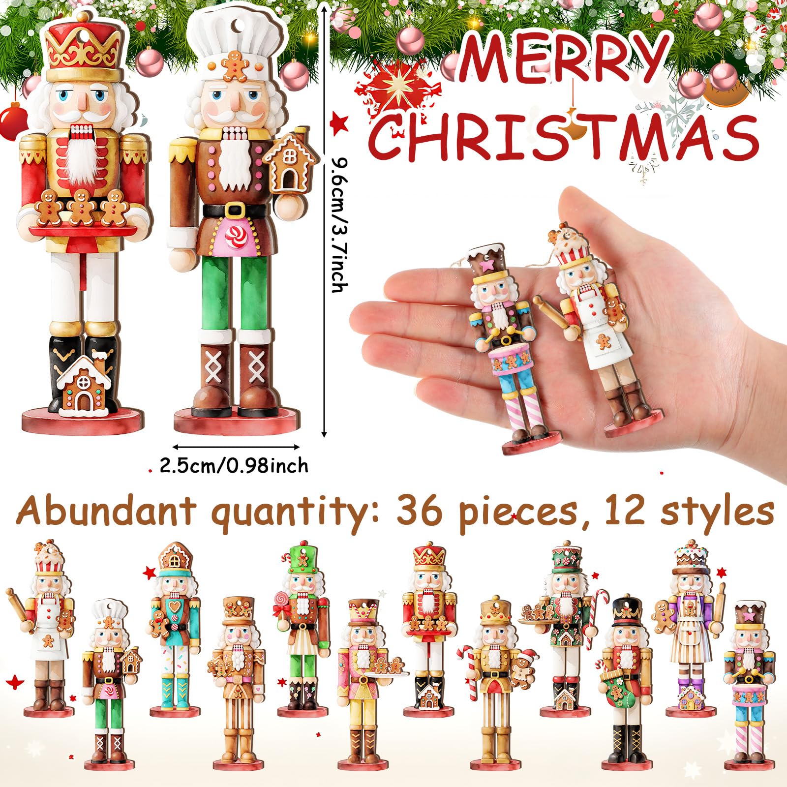 Quzzil 36 Pcs Christmas Nutcracker Ornaments for Tree Mini Wooden Xmas Soldier Hanging Nutcrackers Figures Tree Decoration with