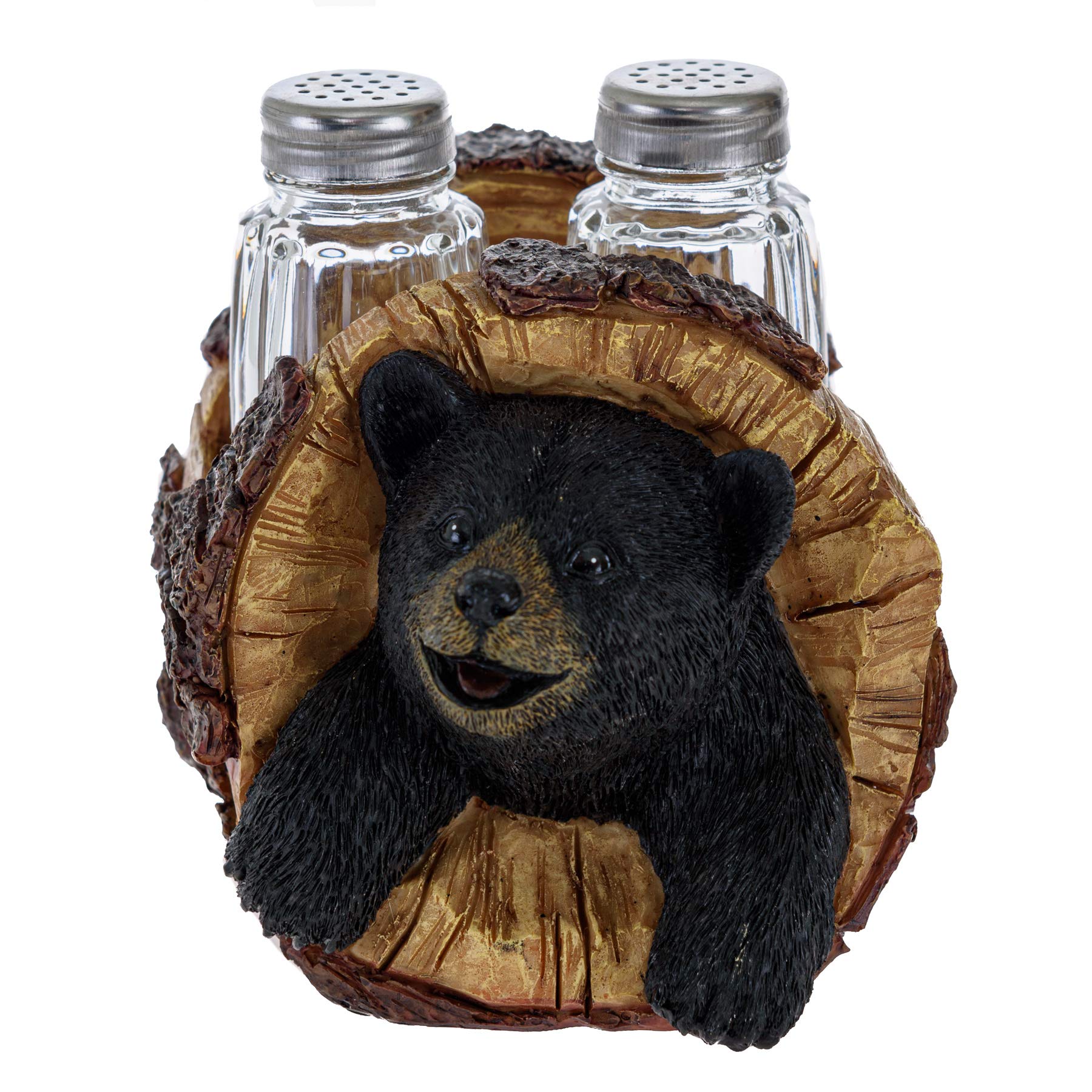 Black Bear Salt And Pepper Shakers - Blackbear In A Log Spices And Seasonings Set Table Decor - Glass Salt And Pepper Shakers Ru