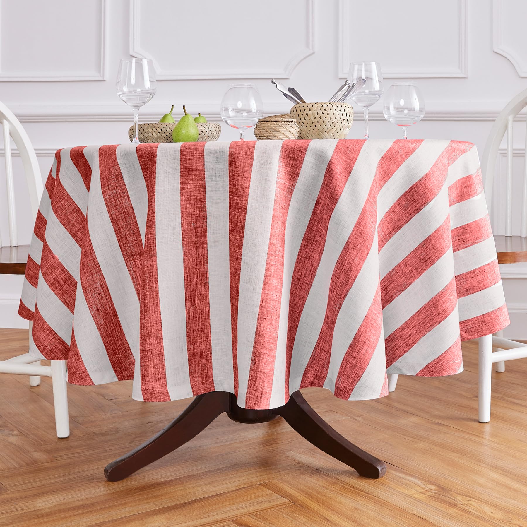 Solino Home Cabana Stripe Linen Round Tablecloth 60 Inch Diameter - 100% Pure Linen Red And White Tablecloth For Spring - Handcr