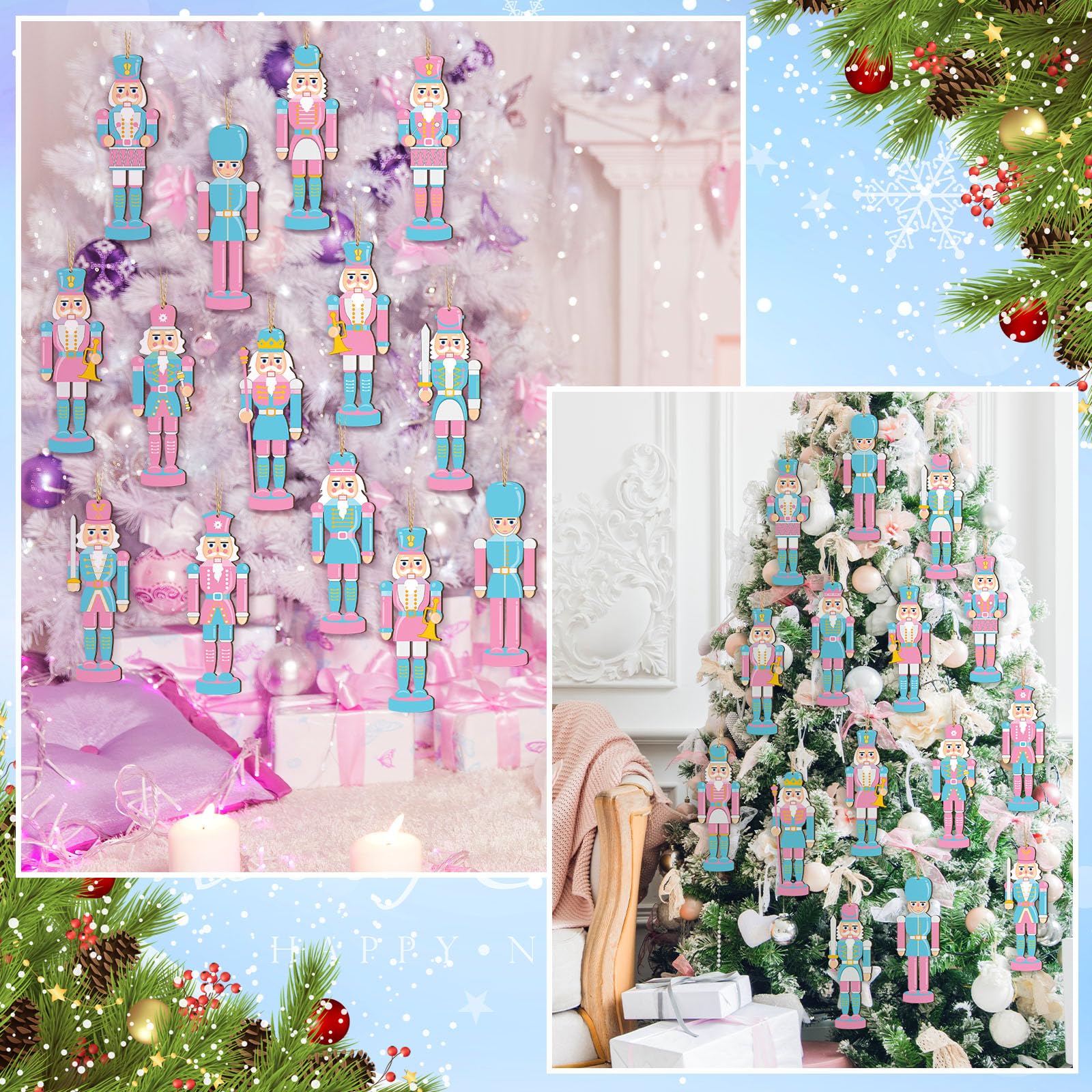 Qunclay 36 Pcs Christmas Nutcracker Ornaments Wood Hanging Miniature Nutcrackers Figures Traditional Holiday Crackers Christmas