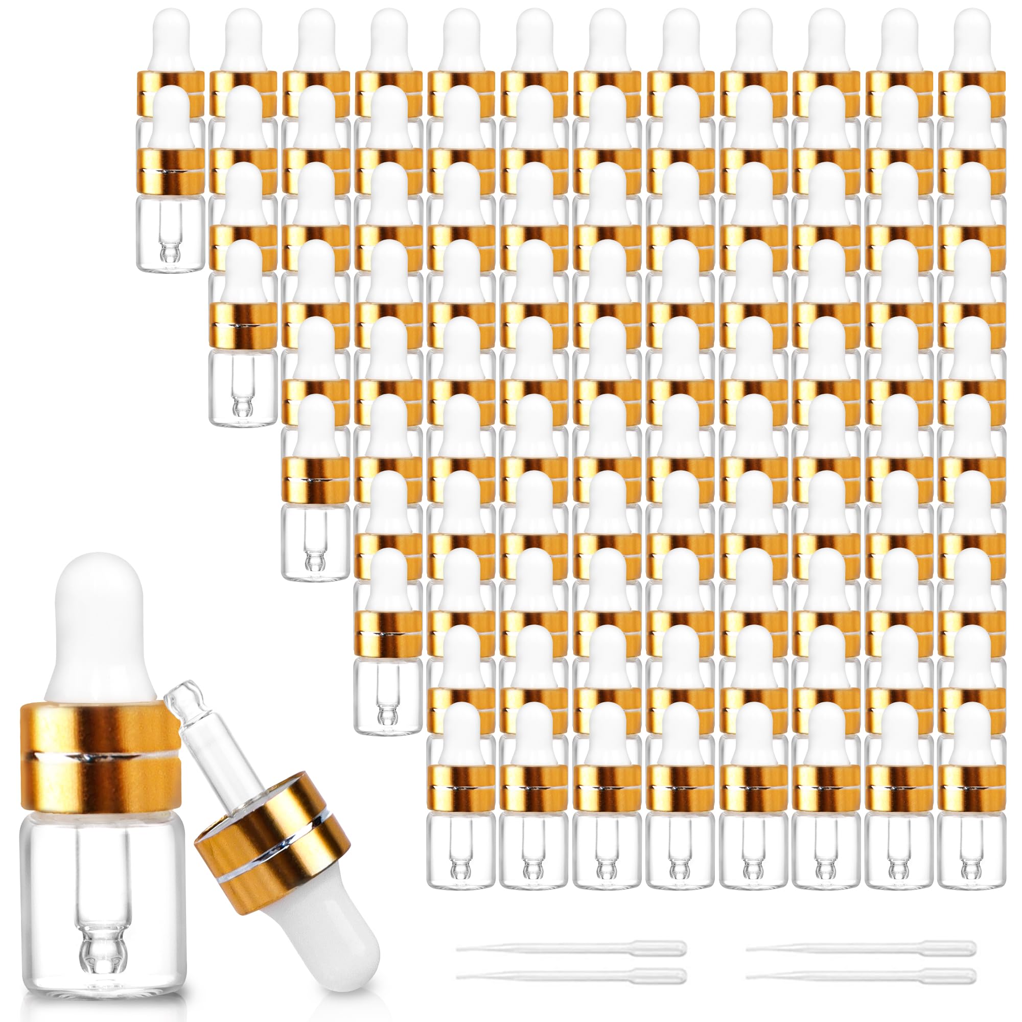 Comrzor 100 Pack 2ml Clear Glass Dropper Bottles with 4 Pcs Plastic Droppers, Mini Sample Dropper Bottles for Essential Oils Per