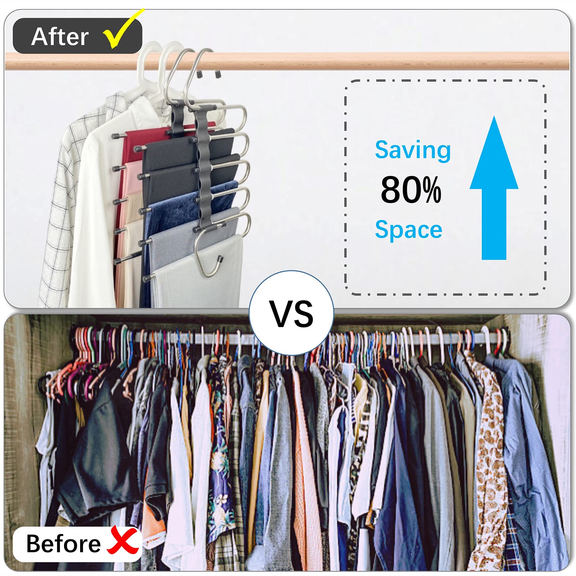 Magic Pants Hangers Space Saving - 2 Pack for Closet Multiple Layers Multifunctional Uses Rack Organizer for Trousers Scarves Slack ( 2 Pack with 10 Metal Clips )