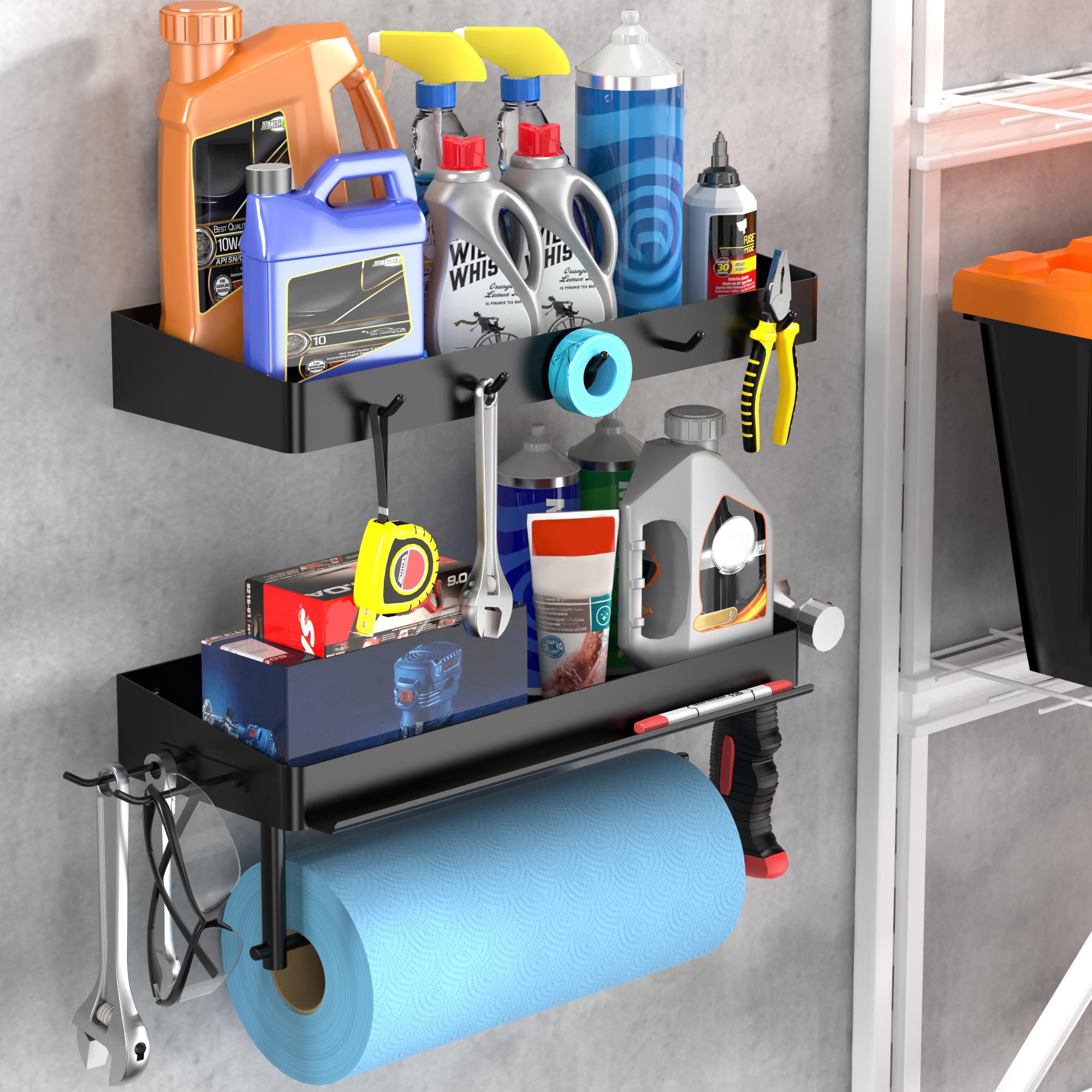 ZUNTO Garage Paper Towel Holder with 2 Shelves, Black Paper Towel Holder with Hooks, Wall Mount Paper Towel Rack for Organizatio