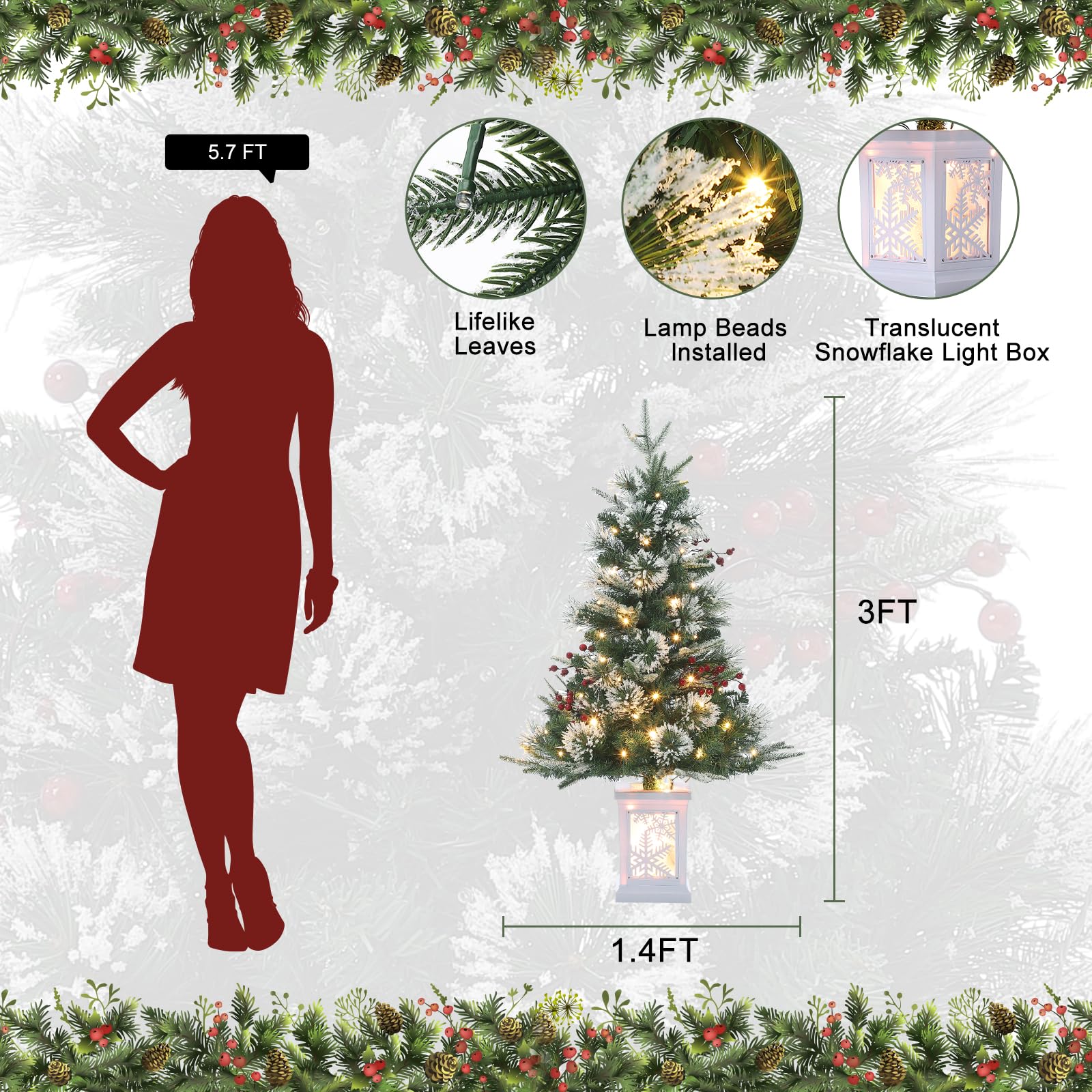 3 ft Pre Lit Fiber Optic Artificial Tree with 78 Pcs Warm White Led Lights, Tabletop Artificial Christmas Tree with Snowflake Ba