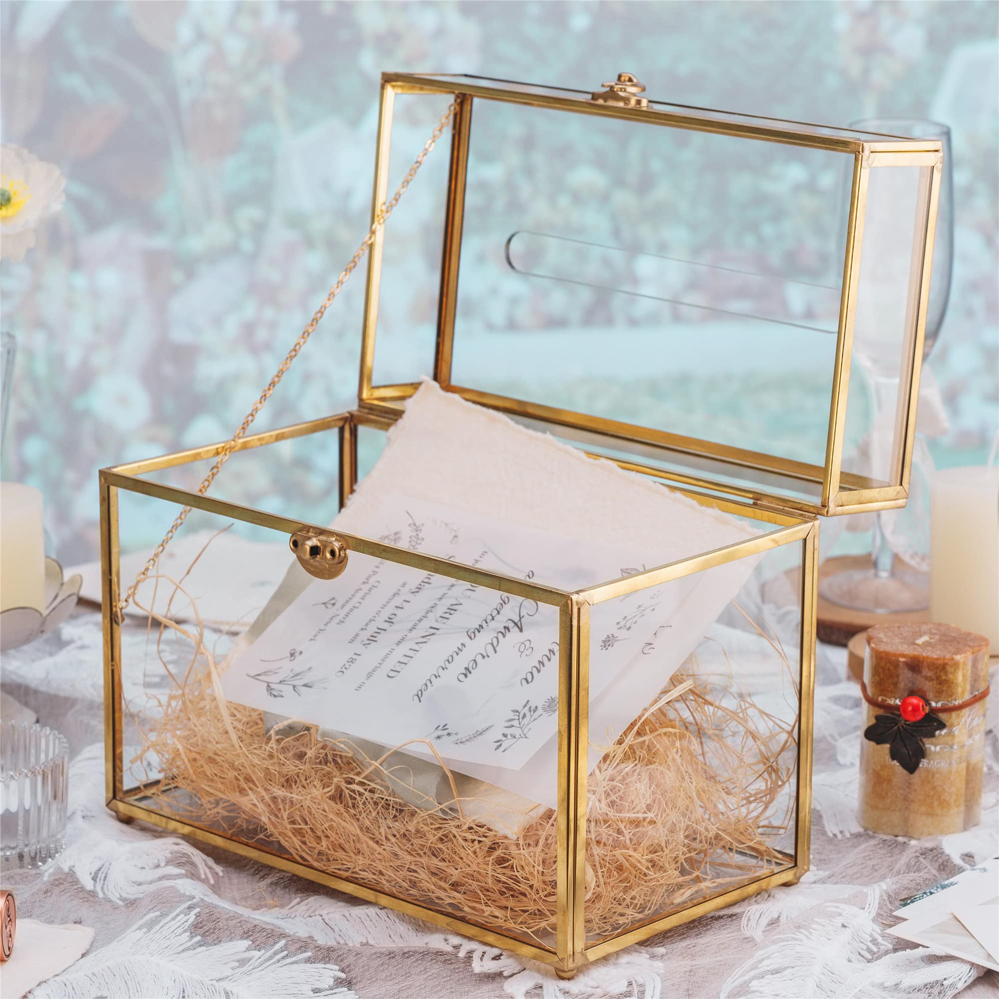 NCYP Small 9.8 x 5.6 x 7.7 Inch Wedding Glass Cards Box with Slot - Gold Envelope Card Holder for Birthday Party Reception, Home