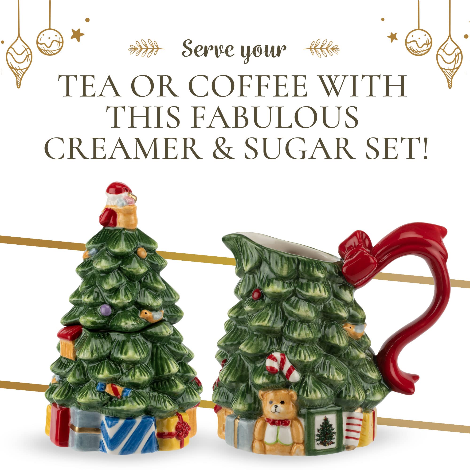 Spode Christmas Tree Sugar And Creamer Set | Set Of Figural Tree Creamer Jug And Sugar Jar | Made Of Fine Dolomite | 7.4-Ounce C