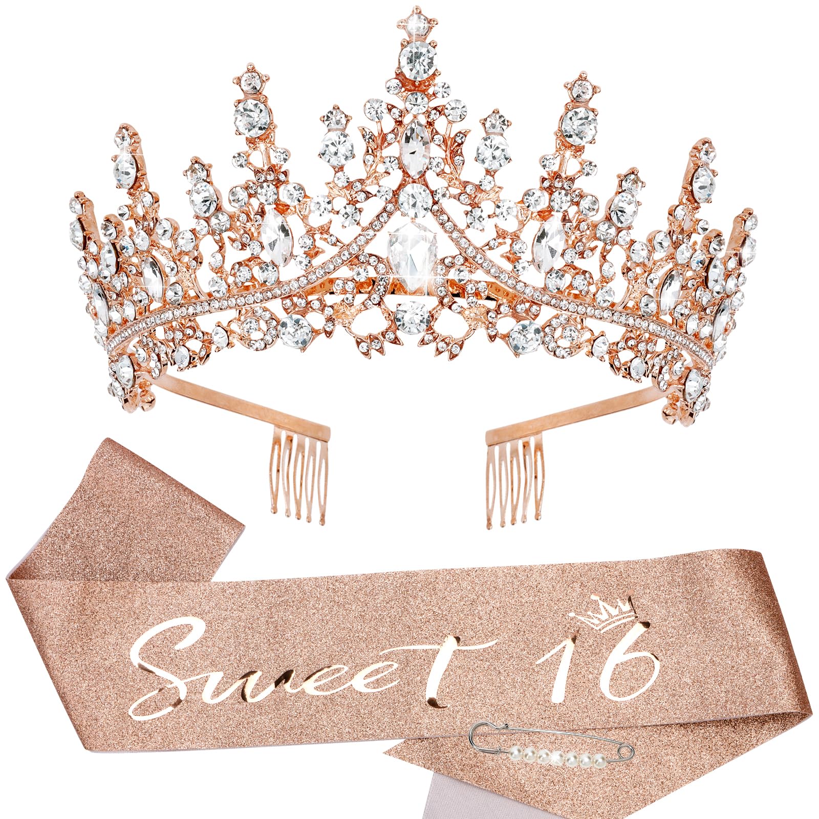 Tobatoba Sweet 16 Birthday Decorations, 16Th Birthday Decorations For Girls, Rose Gold Sweet 16 Birthday Sash And Tiara For Girl