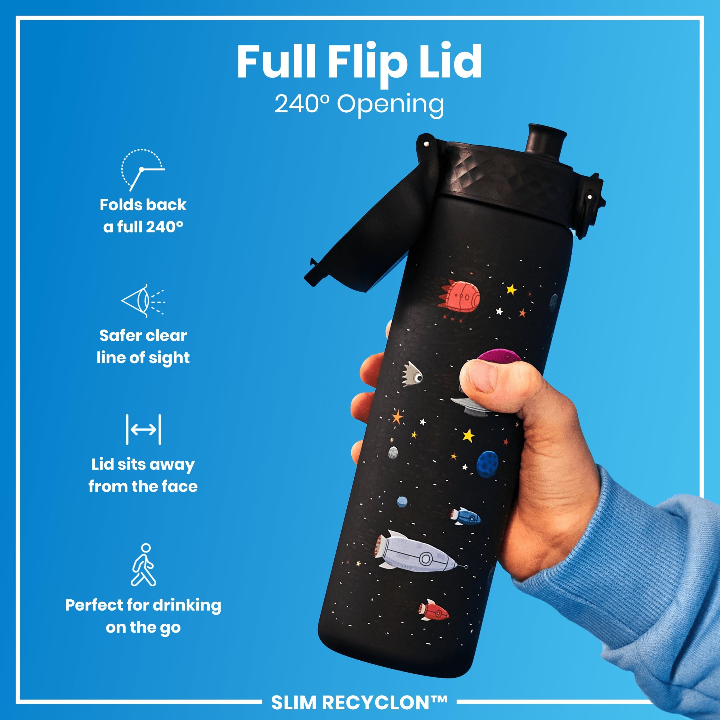 Ion8 Kids One Touch 20 On-The-go Printed Water Bottle - Leakproof and BPA-Free Water Bottle - Fits car cup Holders and Kids Backpacks 17 oz  500 ml - Space