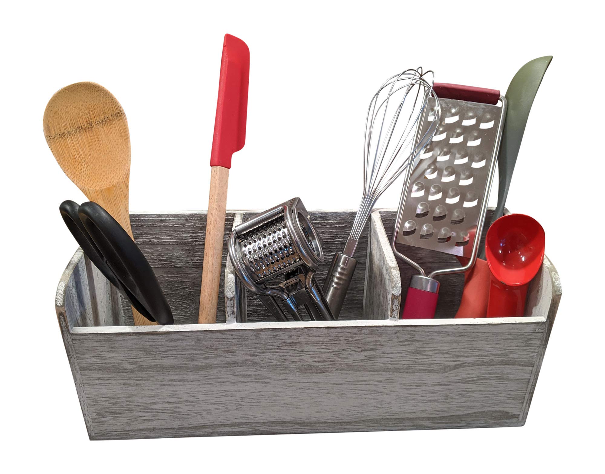 Gianna'S Home Rustic Farmhouse 3 Compartment Wooden Countertop Kitchen Desk Caddy Utensil Organizer