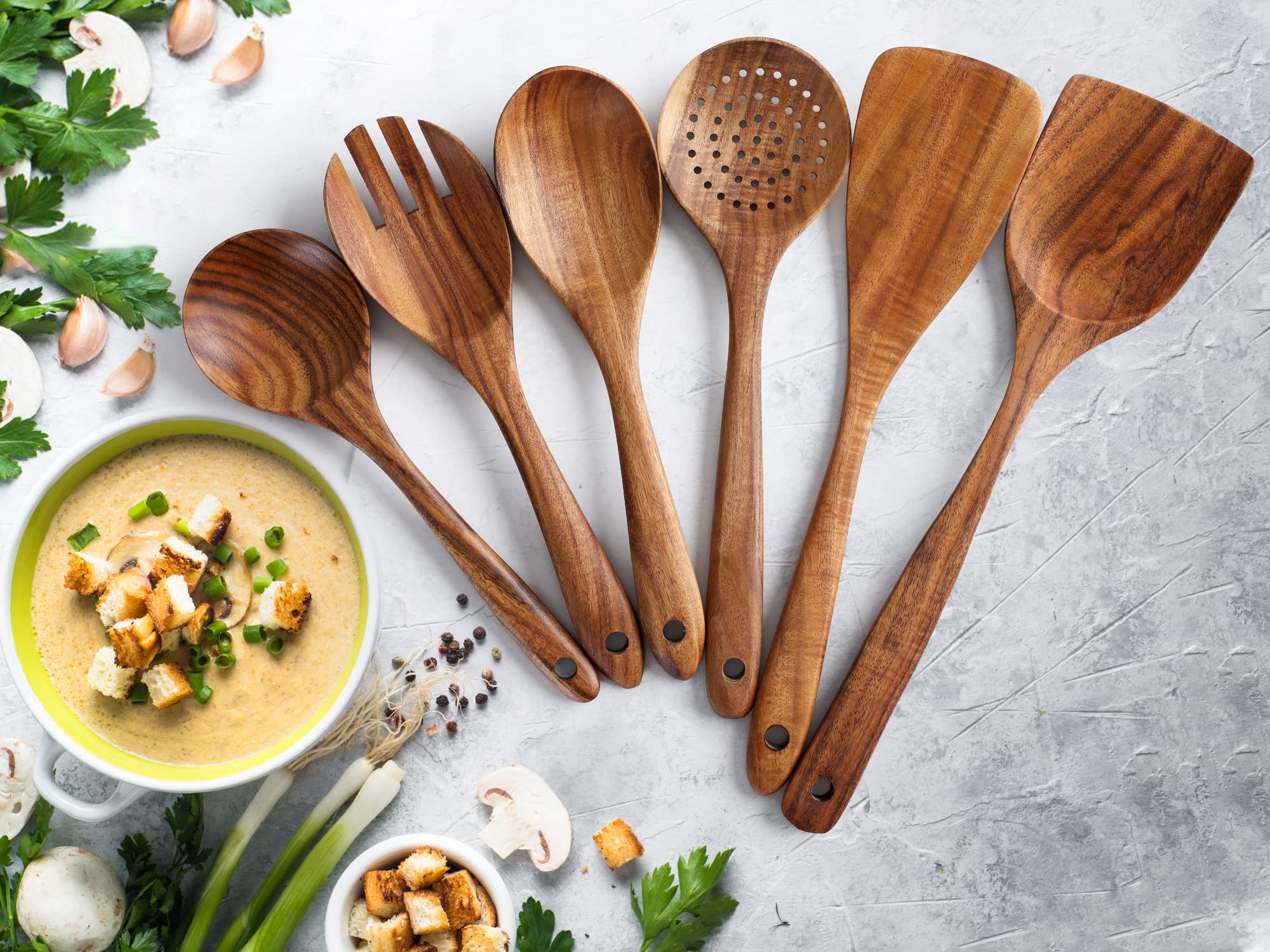 Zulay Kitchen 6-Piece Wooden Spoons For Cooking - Smooth Finish Teak Wooden Utensils For Cooking - Soft Comfort-Grip Wood Spoons