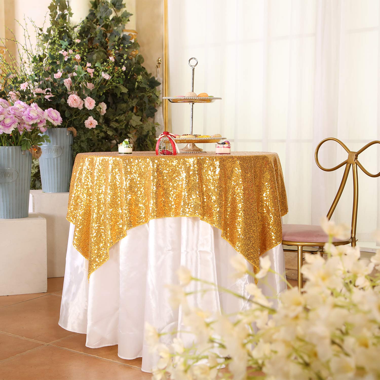 Eternal Beauty Gold Square Sequin Tablecloth Sequin Overlay Tablecloth For Wedding Christmas Party 48''X48''