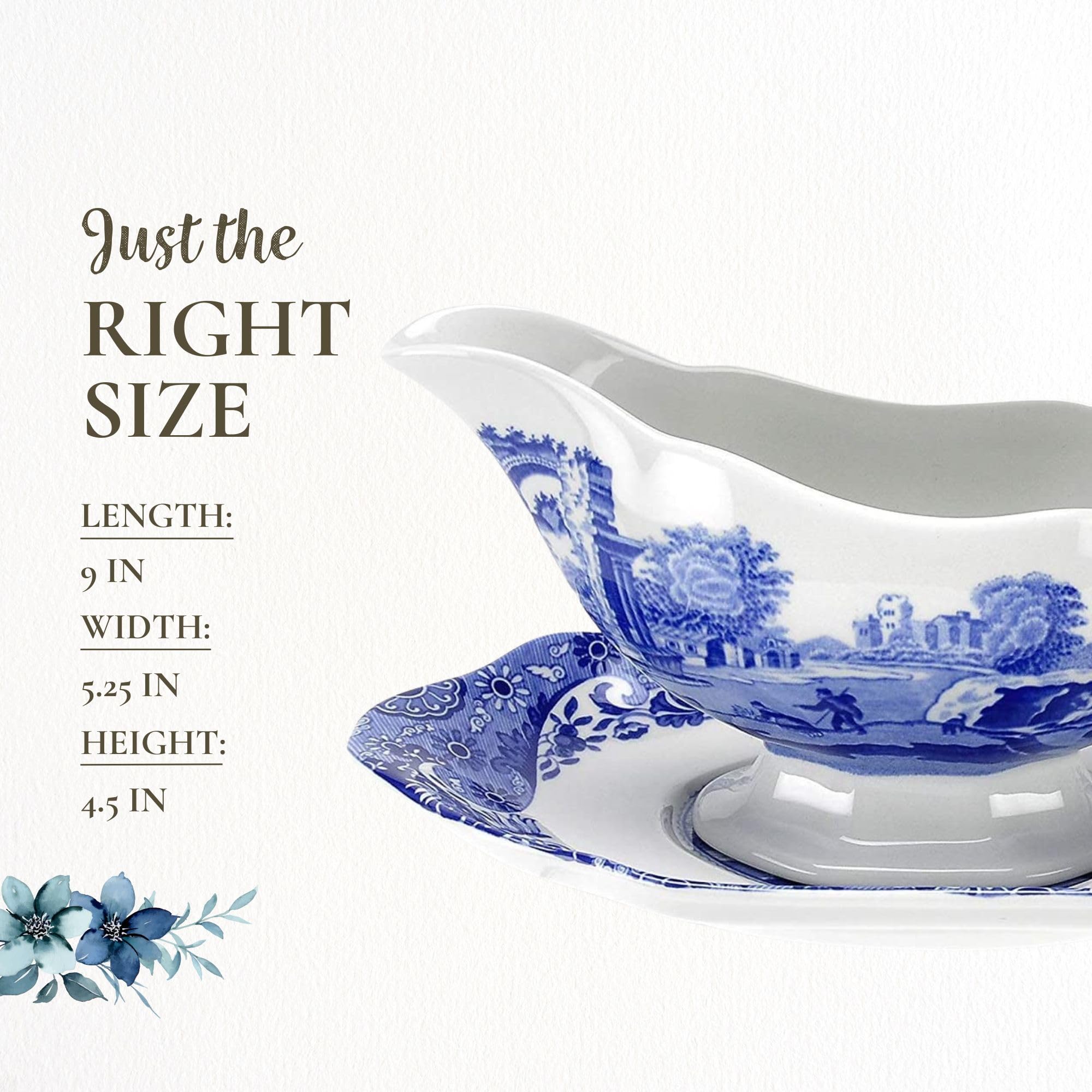 Spode Blue Italian Gravy Boat and Saucer  Spout for Gravy  Sauces  and Salad Dressings  Earthenware  9-Ounce Capacity  Large Handle  Dishwasher Safe