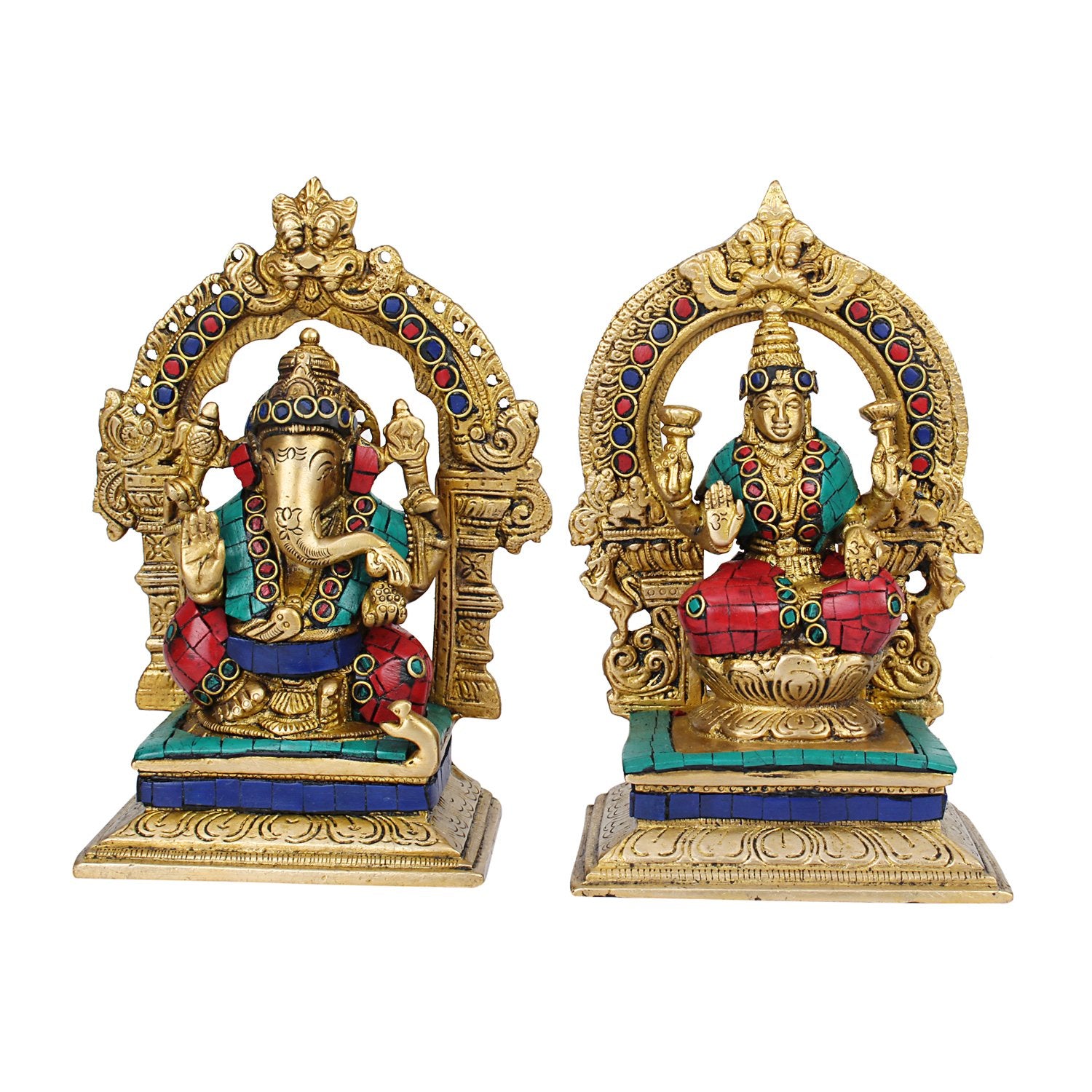 Kartique Brass Laxmi Ganesh Idol Statue Set - 7 Inch Height, Vibrant Colorful Design, Seated Posture, Ideal For Home Decor And W