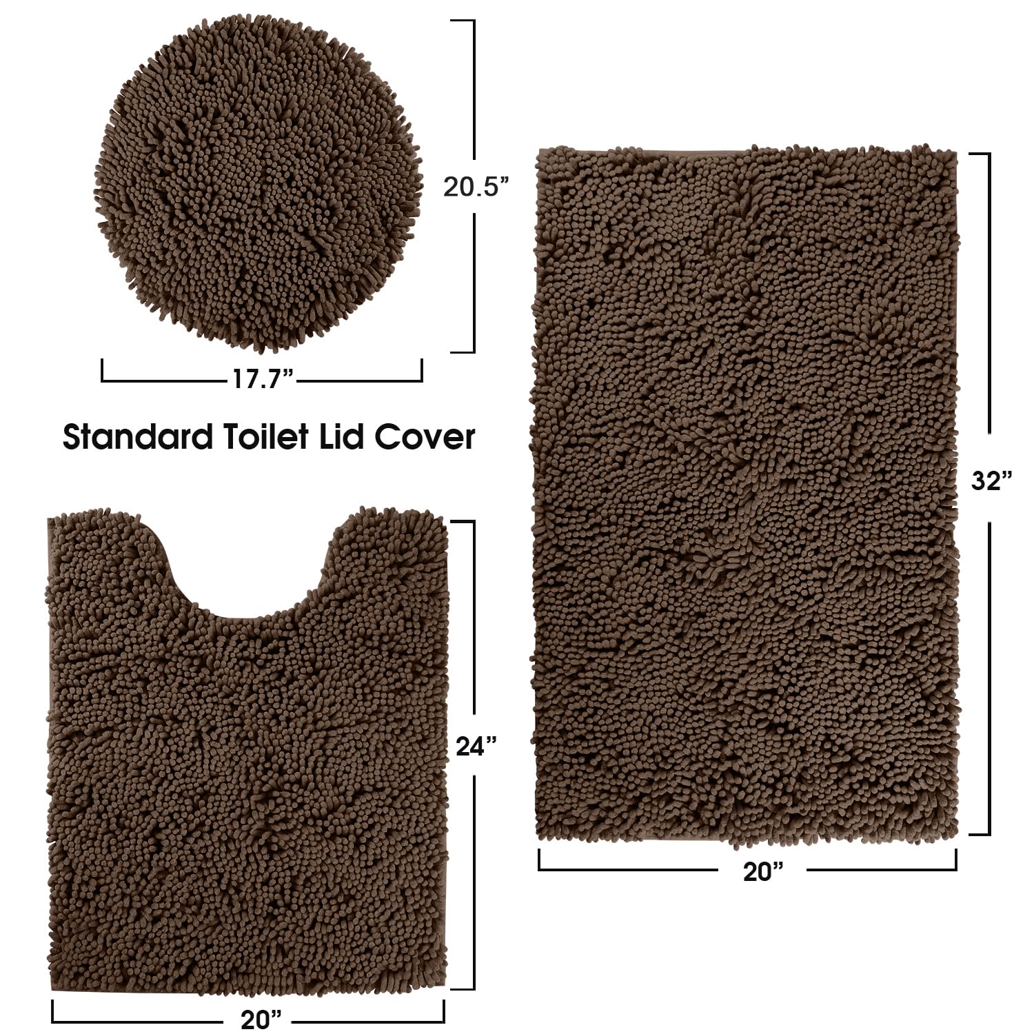 Homeideas 3 Pieces Brown Bathroom Rugs Set, Ultra Soft Non Slip Bath Rug And Absorbent Chenille Bath Mat, Includes U-Shaped Cont