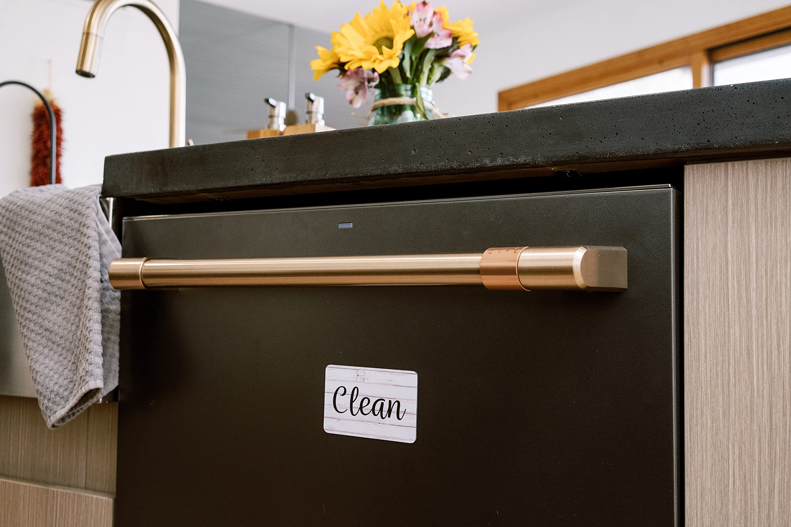 Dark Brown Wood Clean Dirty Magnet For Dishwasher, Reversible Dishwasher Magnet Clean Dirty Sign, Double Sided Strong Kitchen Fl