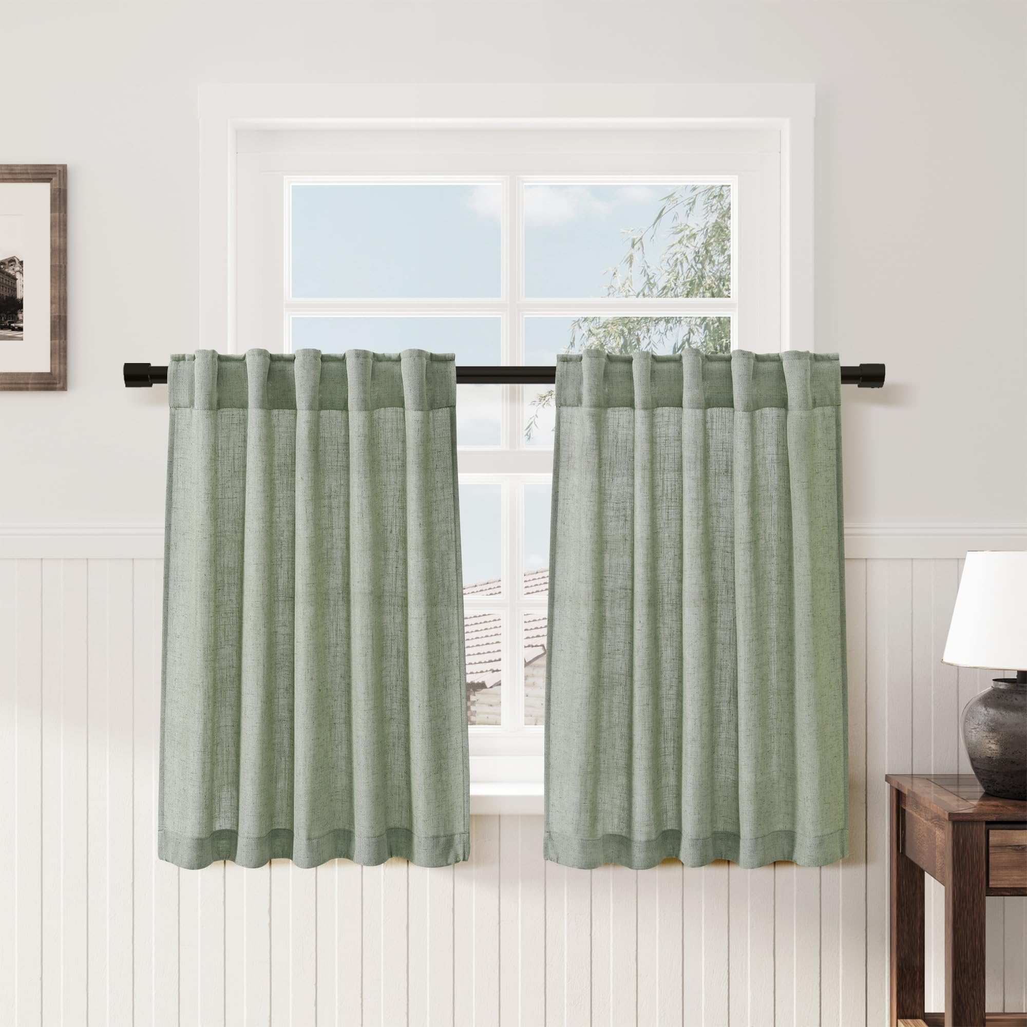 Desert Sage Kitchen Linen Curtains 36 Inch Length 2 Pack Privacy Light Filtering Linen Short Drapes with Rod Pocket Back Tab for
