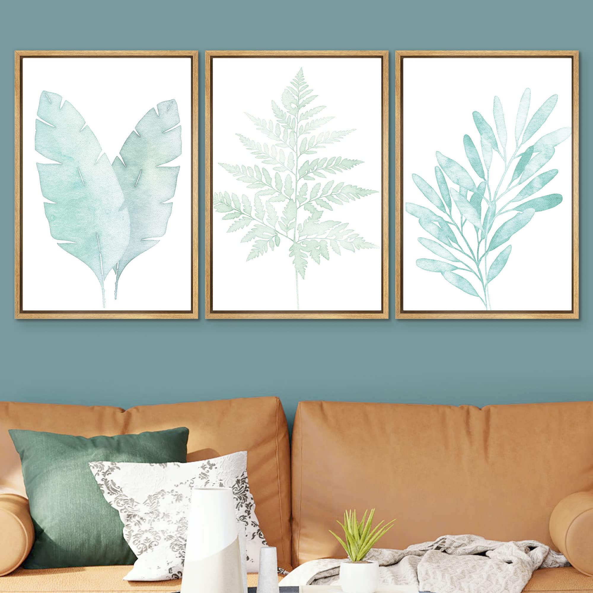 Signwin Framed Canvas Print Wall Art Set Watercolor Green Jungle Plant Collage Nature Floral Illustrations Modern Rustic Scenic