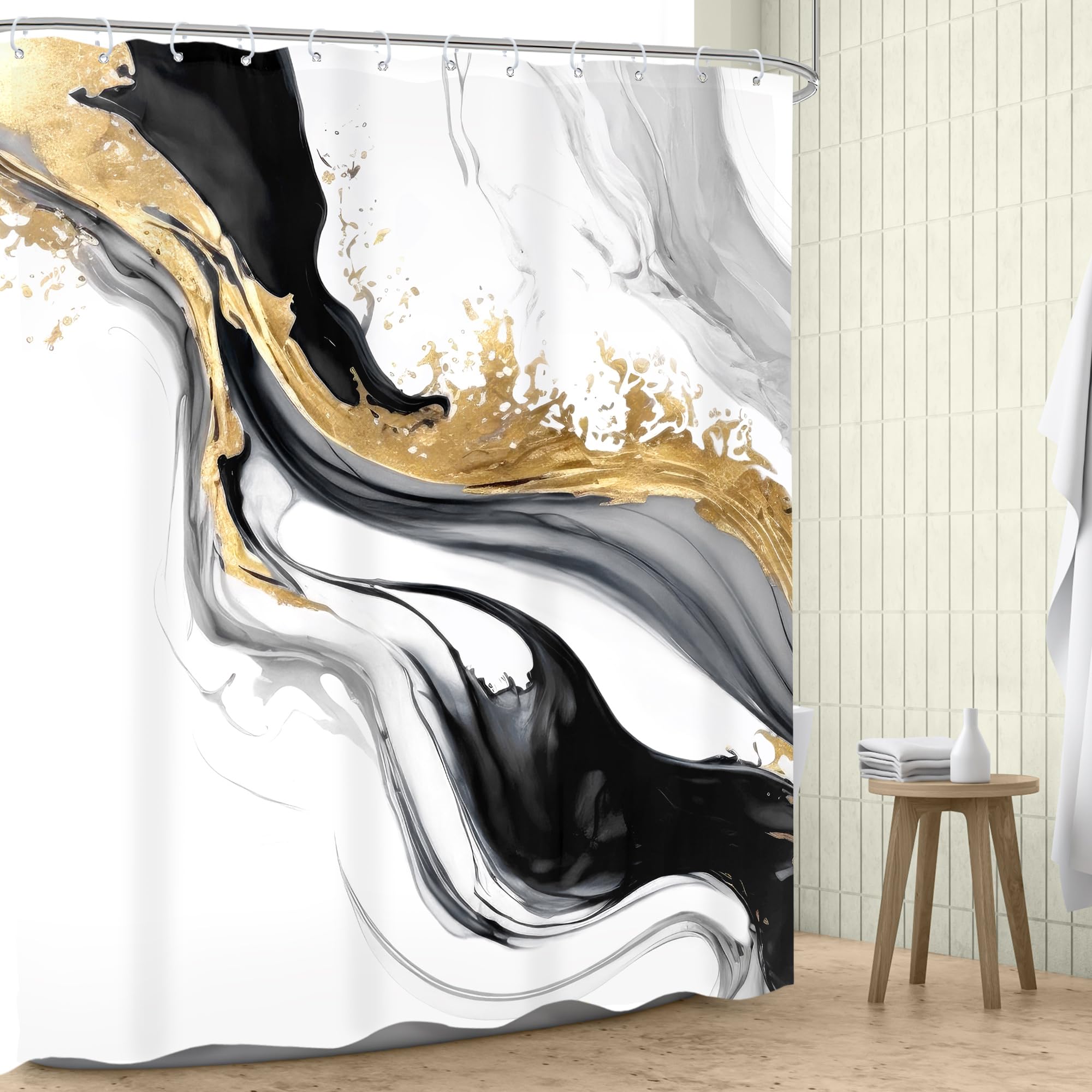 Omifly Black White Gold Marble Shower Curtain 60Wx72H Inch Abstract Modern Luxury Ink Texture Minimalist Gray Ombre Aesthetic Fl