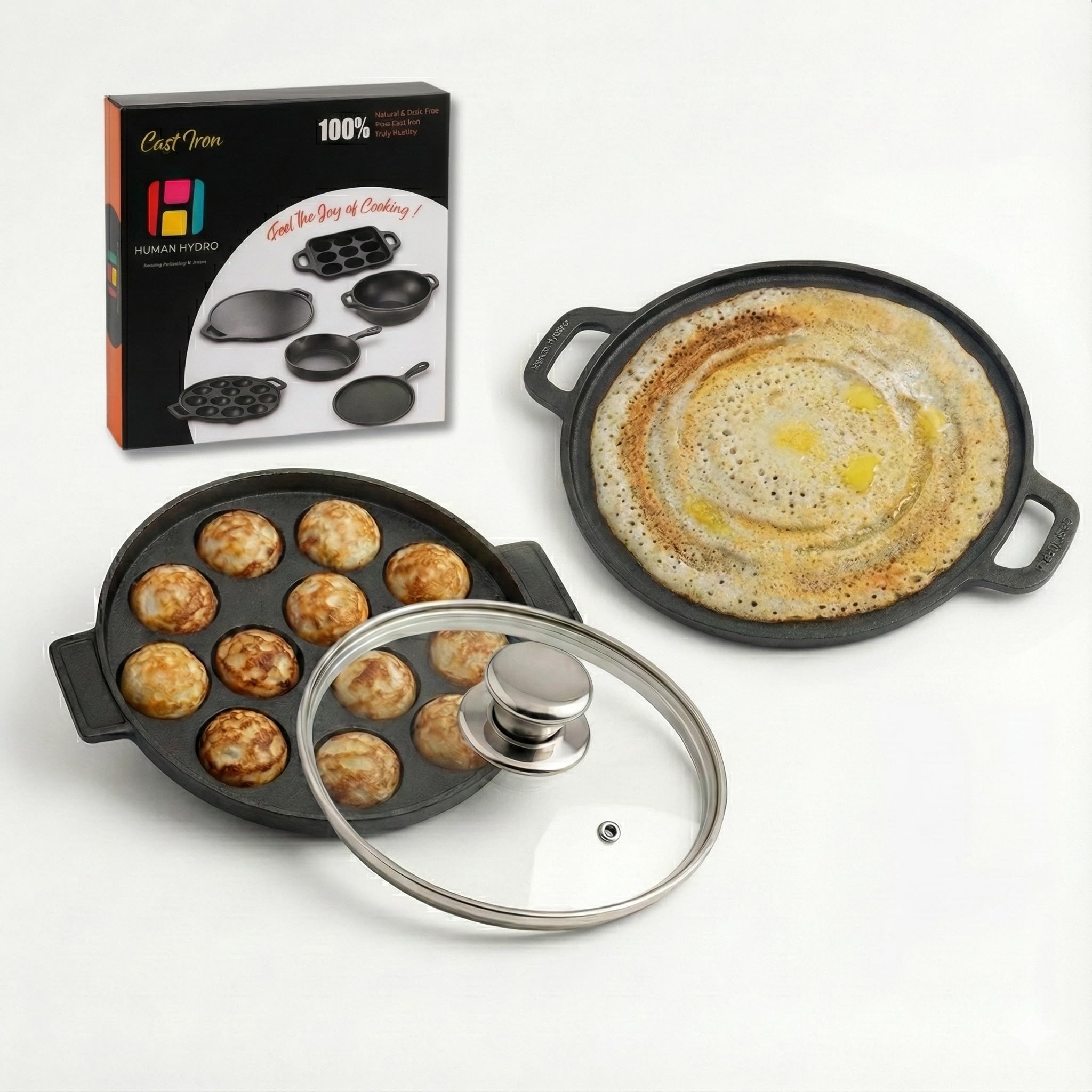Human Hydro Cast Iron Cookware Set, 30Cm Dosa Tawa And 12-Pit Paniyaram Pan With Glass Lid
