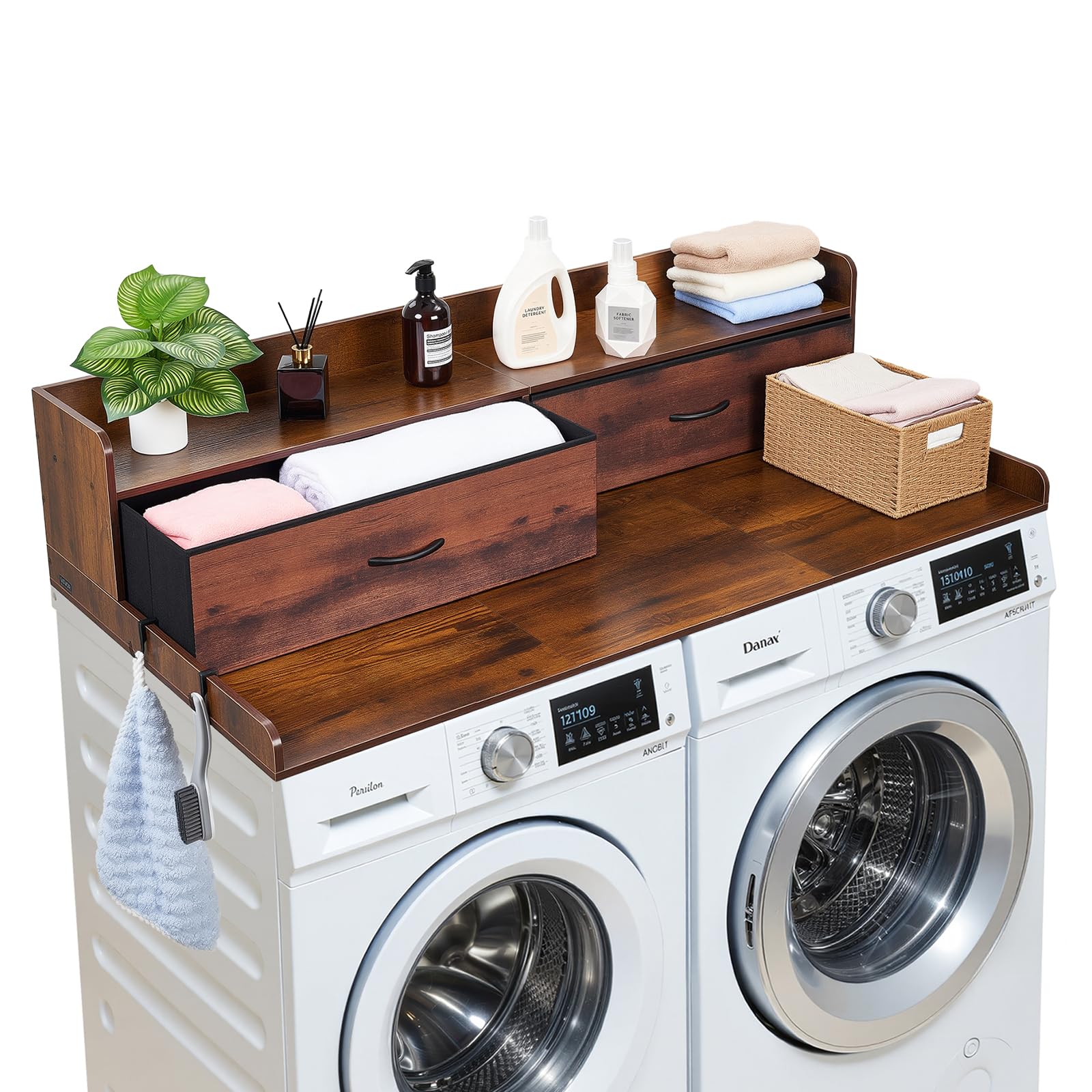 VEVOR 2 Drawers Washer Dryer Countertop with Shelf, 54 x 27 Wooden Laundry Countertop with 2 Hooks & Splicing Panels, Washer and