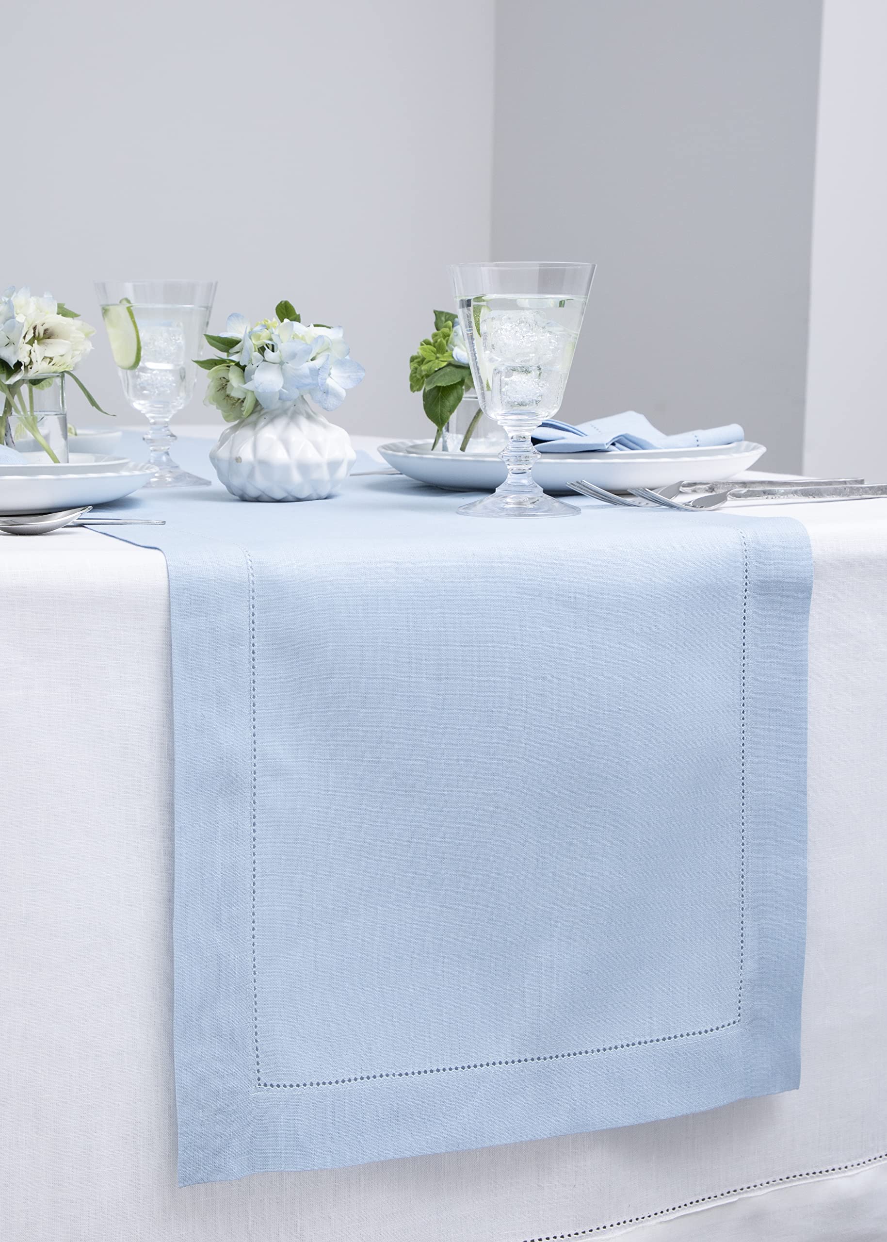 Solino Home Linen Sky Blue Table Runner 36 Inch - 100% Pure Linen Classic Hemstitch Short Table Runner 14 X 36 Inch Ideal For Dr