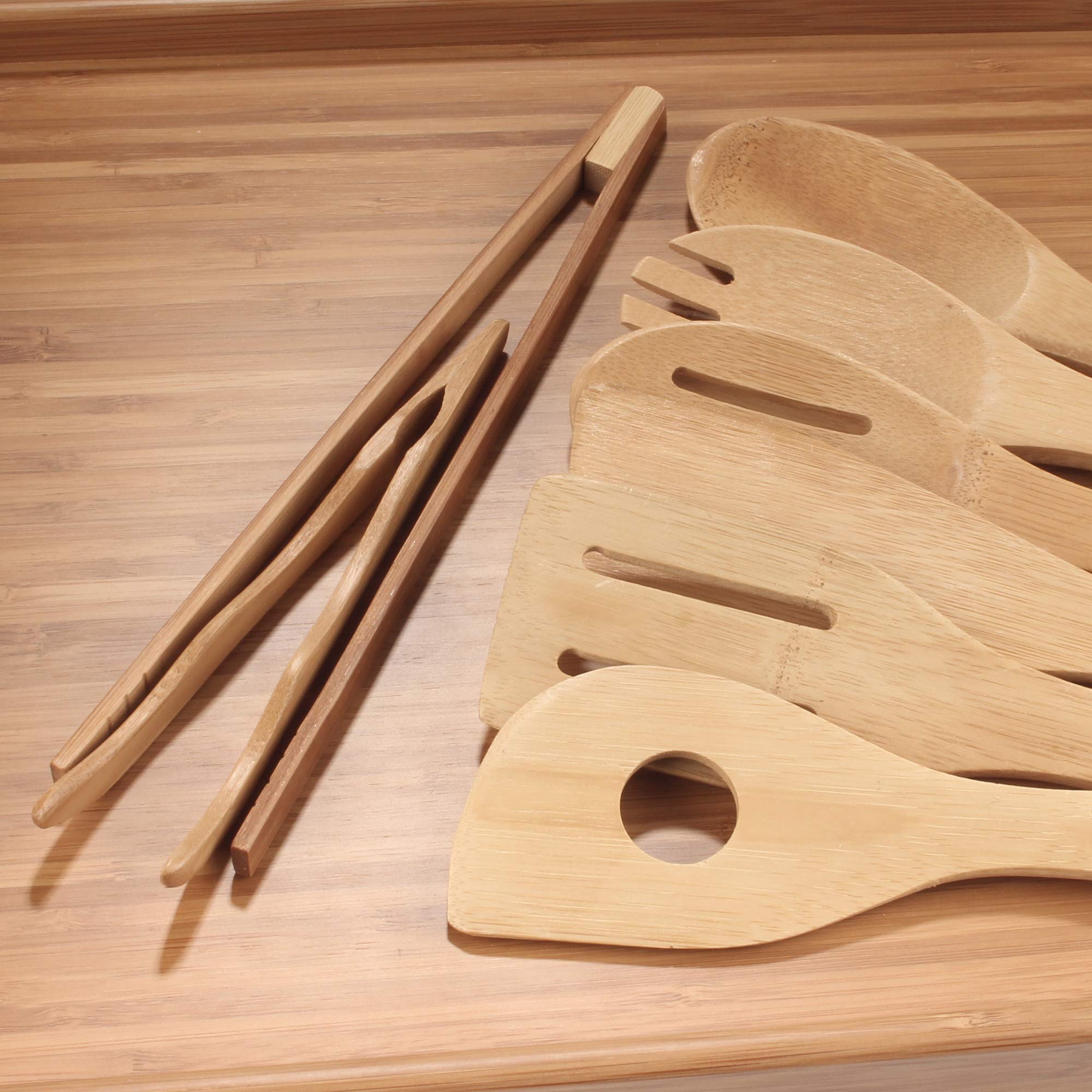 BambooMN Organic Bamboo Utensil Set - 8 Piece Spatula, Spoon, Tongs - Eco-Friendly Kitchen Tools