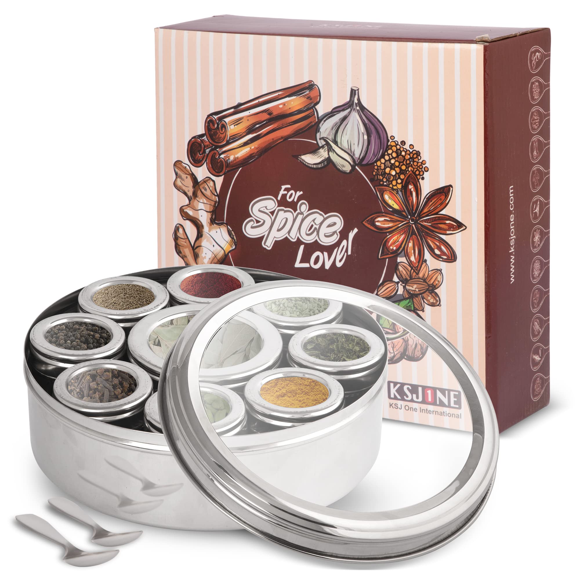 Ksjone Large Spice Container Masala Dabba With 9 Compartments, Masala Box, Spice Container Box, Stainless Steel Spice Box Indian