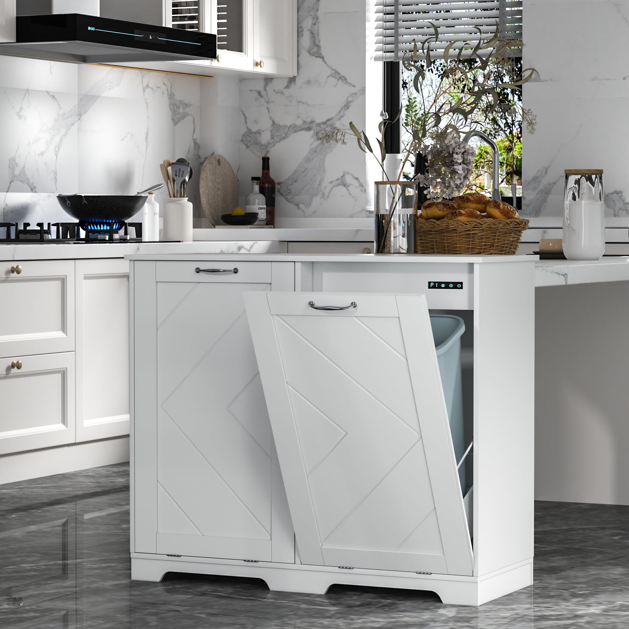 Vecelo Double Tilt Out Kitchen Trash Bin Cabinet Dog Proof Garbage Can With Wood Holder Free Standing Recycling, White