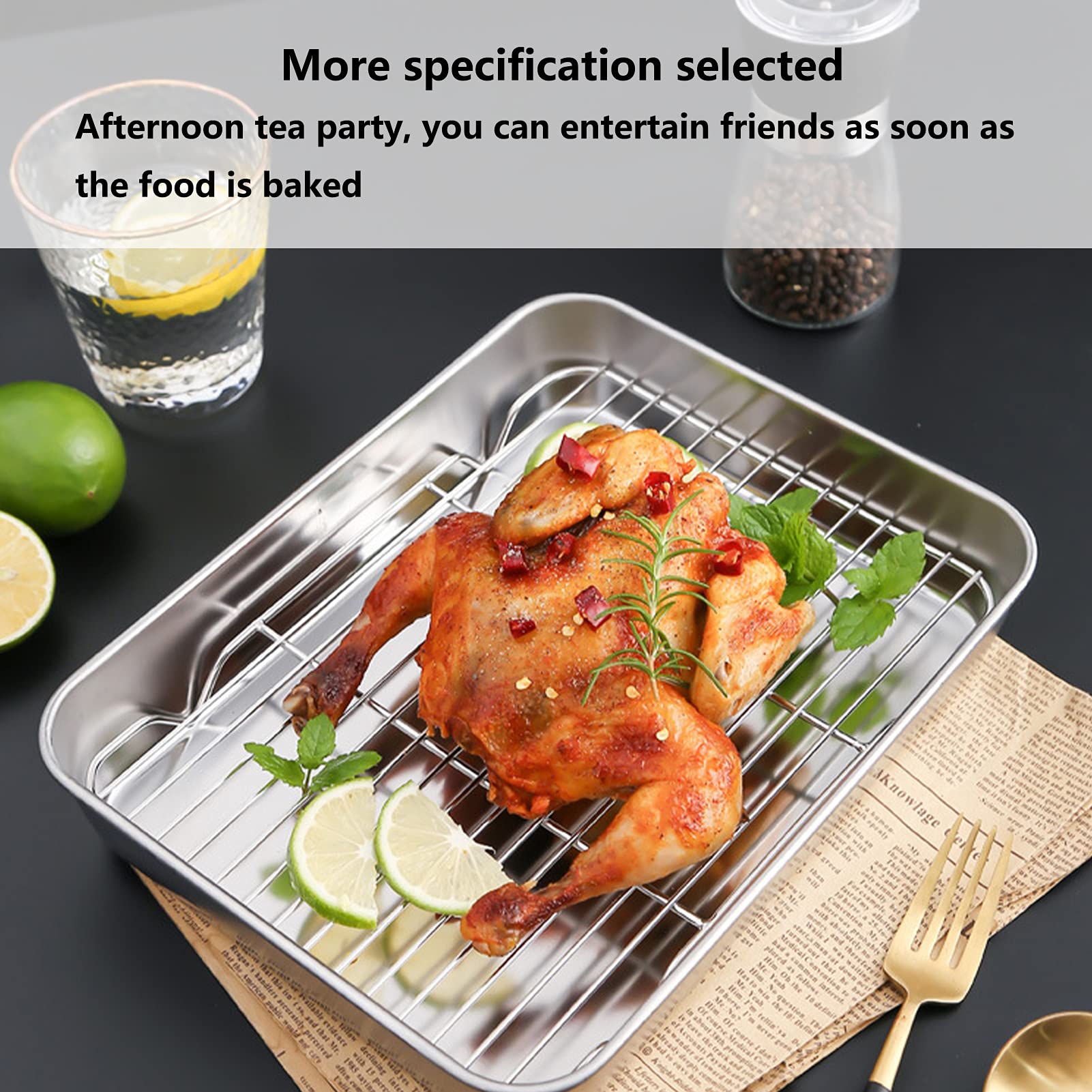 Aqur2020 Roasting Pan, Rectangular Baking Pan And Rack Stainless Steel Easy For Cooking Baking(26.5 * 20.5 * 5Cm)