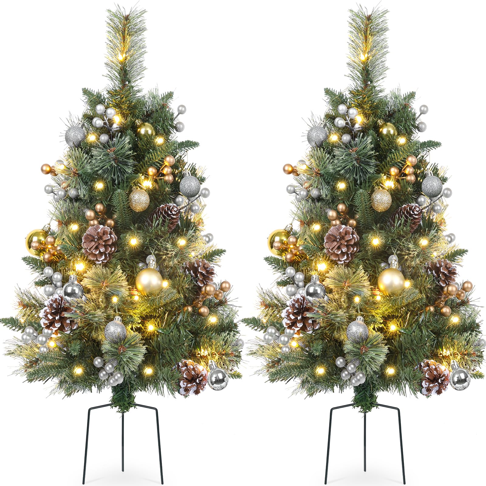TOWPONICS 2 Packs 30 Inch Pre-Lit Outdoor Christmas Trees Urn Filler, Small Lighted Xmas Tree Holiday D  cor with Multi-Color & 