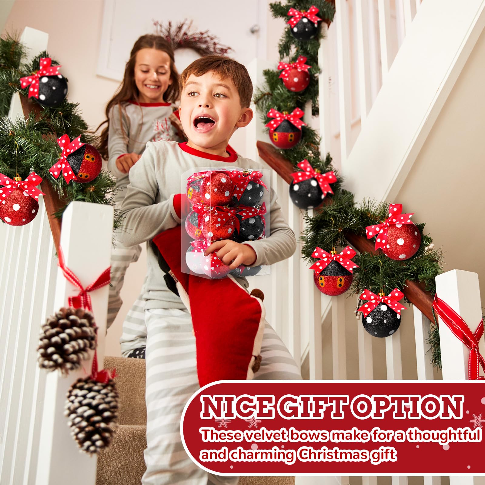 Suncalla 24 Pcs 2.4 Inch Christmas Glitter Ball Ornaments Mouse Plastic Ball with Dot Bow Tree Ornaments Cartoon Mouse Balls Red