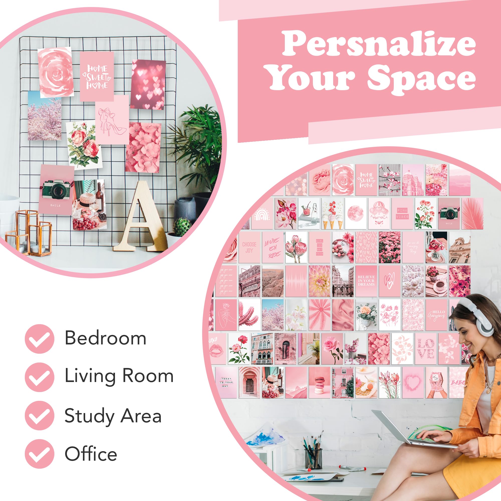 Artivo Pink Aesthetic Wall Collage Kit,100 Set 4X6 Inch,Room Decor For Teen Girls,Pretty Blush Pink Wall Art Print,Dorm Photo Co