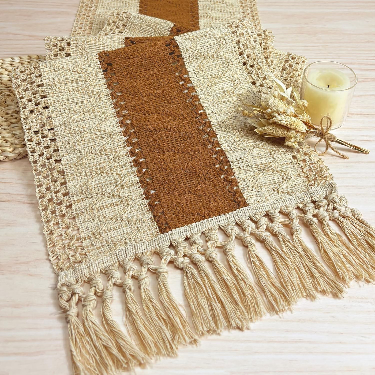 FEXIA Boho Table Runner for Home Decor with Tassels 60 Inches Long,Caramel Farmhouse Rustic Table Runner Macrame Burlap Table De