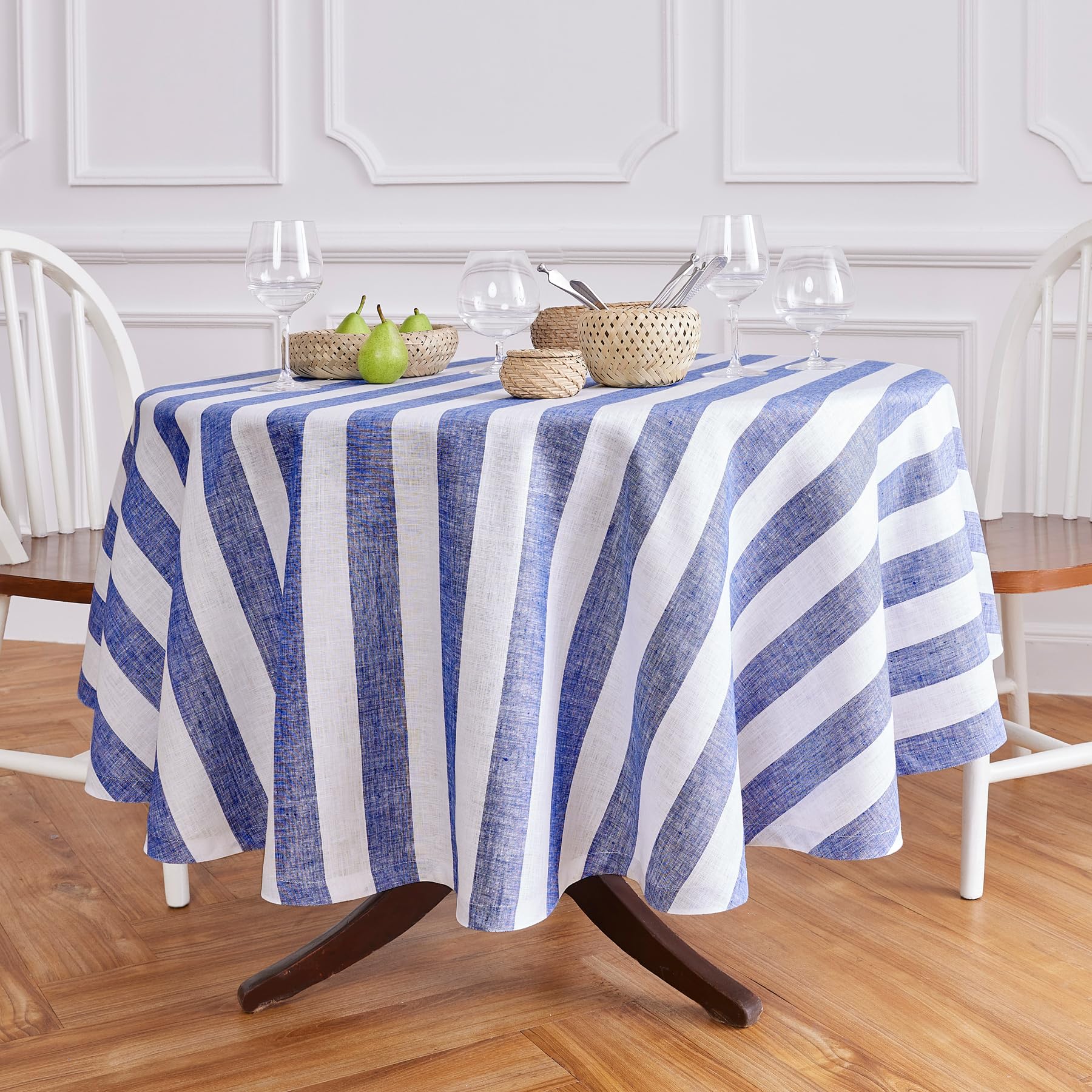 Solino Home Cabana Stripe Linen Round Tablecloth 60 Inch Diameter - 100% Pure Linen Navy And White Tablecloth For Spring, Easter