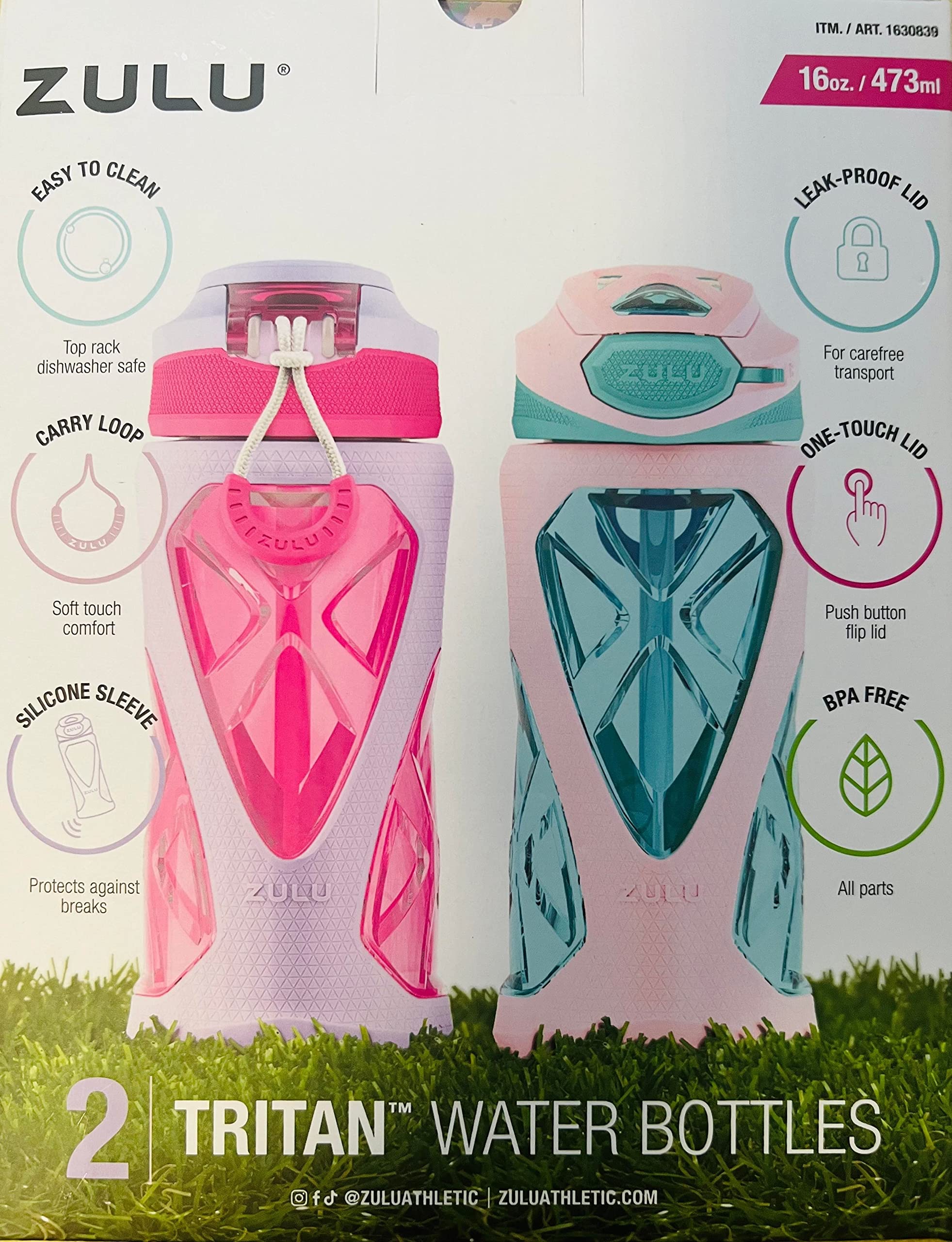 Zulu Tritan Water Bottle, 2 Pack 16 Oz