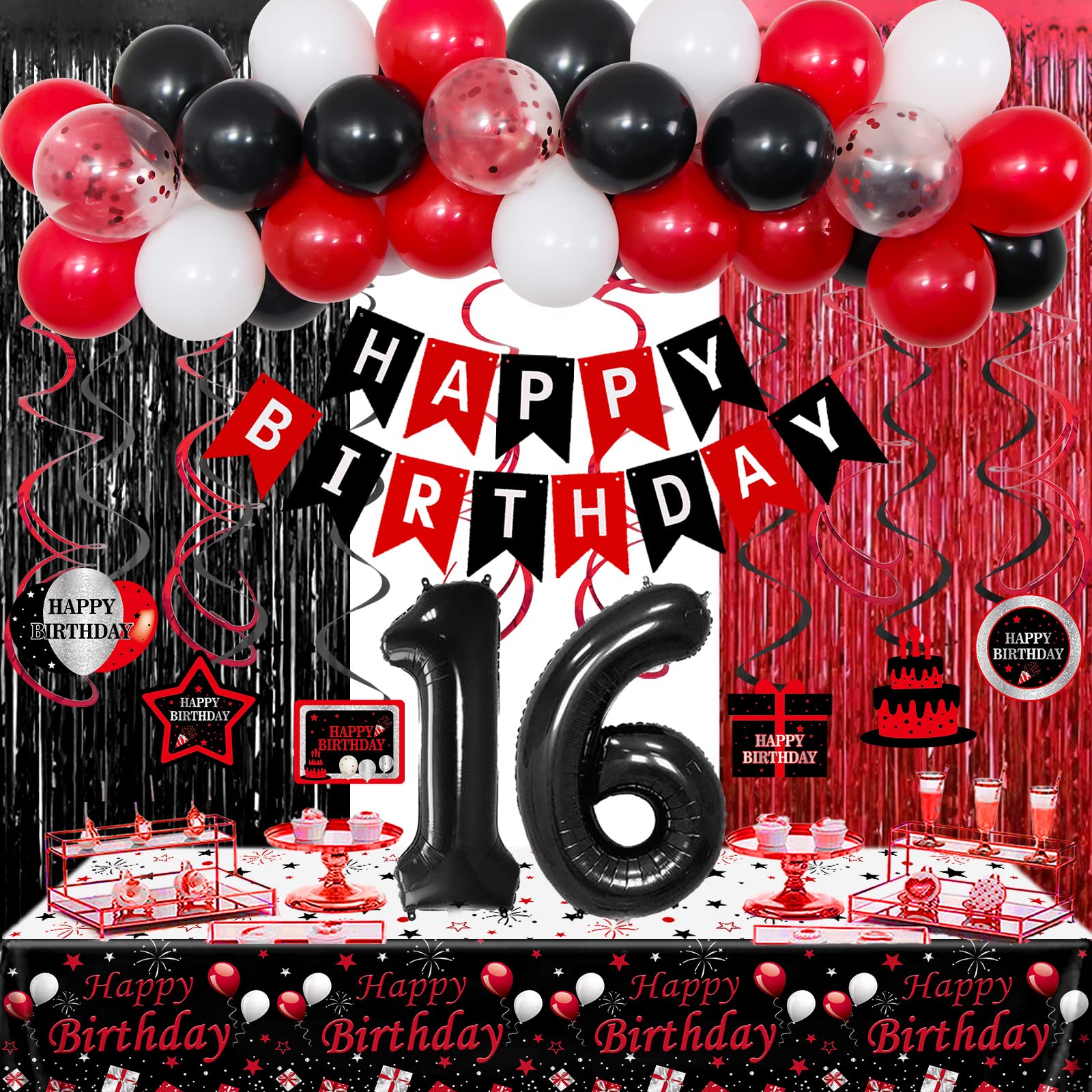 16Th Birthday Decorations For Boys Girls,Red And Black 16Th Birthday Balloons Banner Number 16 Balloon Hanging Swirls Tablecloth