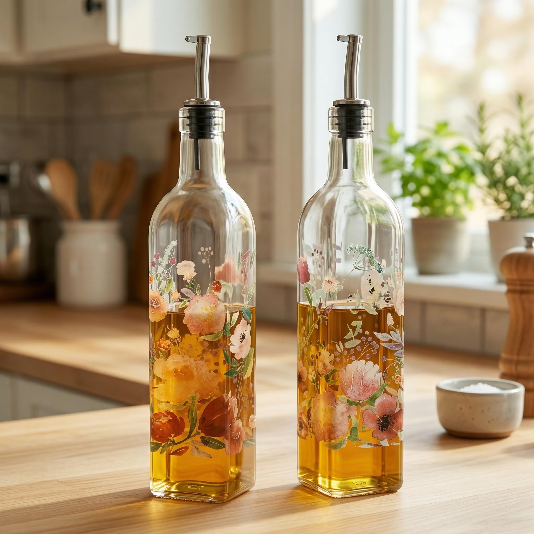 Topadorn 2Pack Glass Olive Oil Dispenser Bottles with Stainless Steel Spout  17oz LeakResistant Set for Kitchen, Oil & Vinega