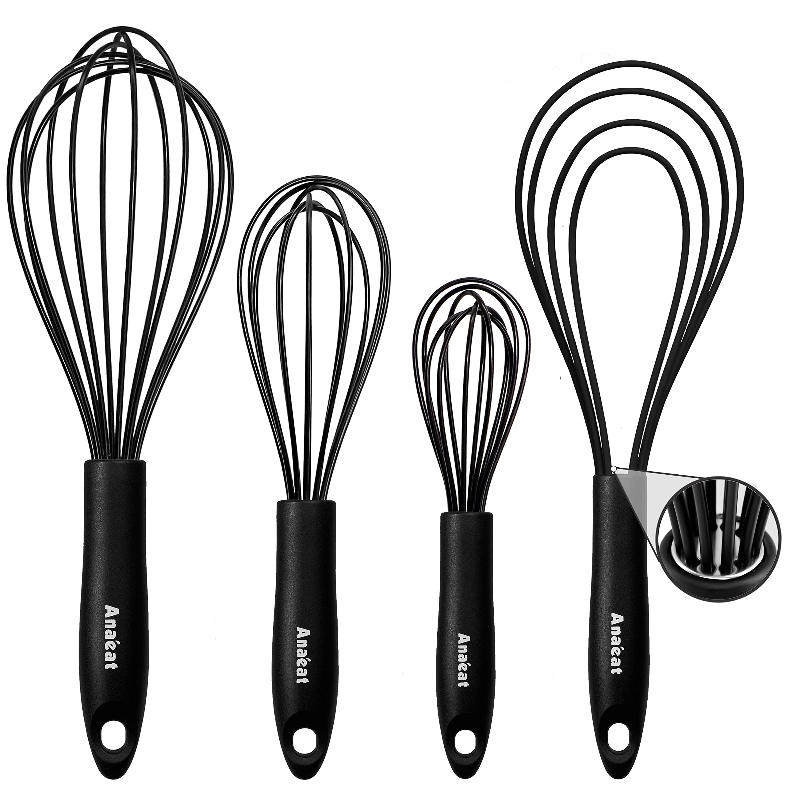 Anaeat Silicone Kitchen Whisk Set Of 4, Perfect For Non-Stick Cookware, Egg Beater Milk Blender For Whisking, Cooking, Baking, B
