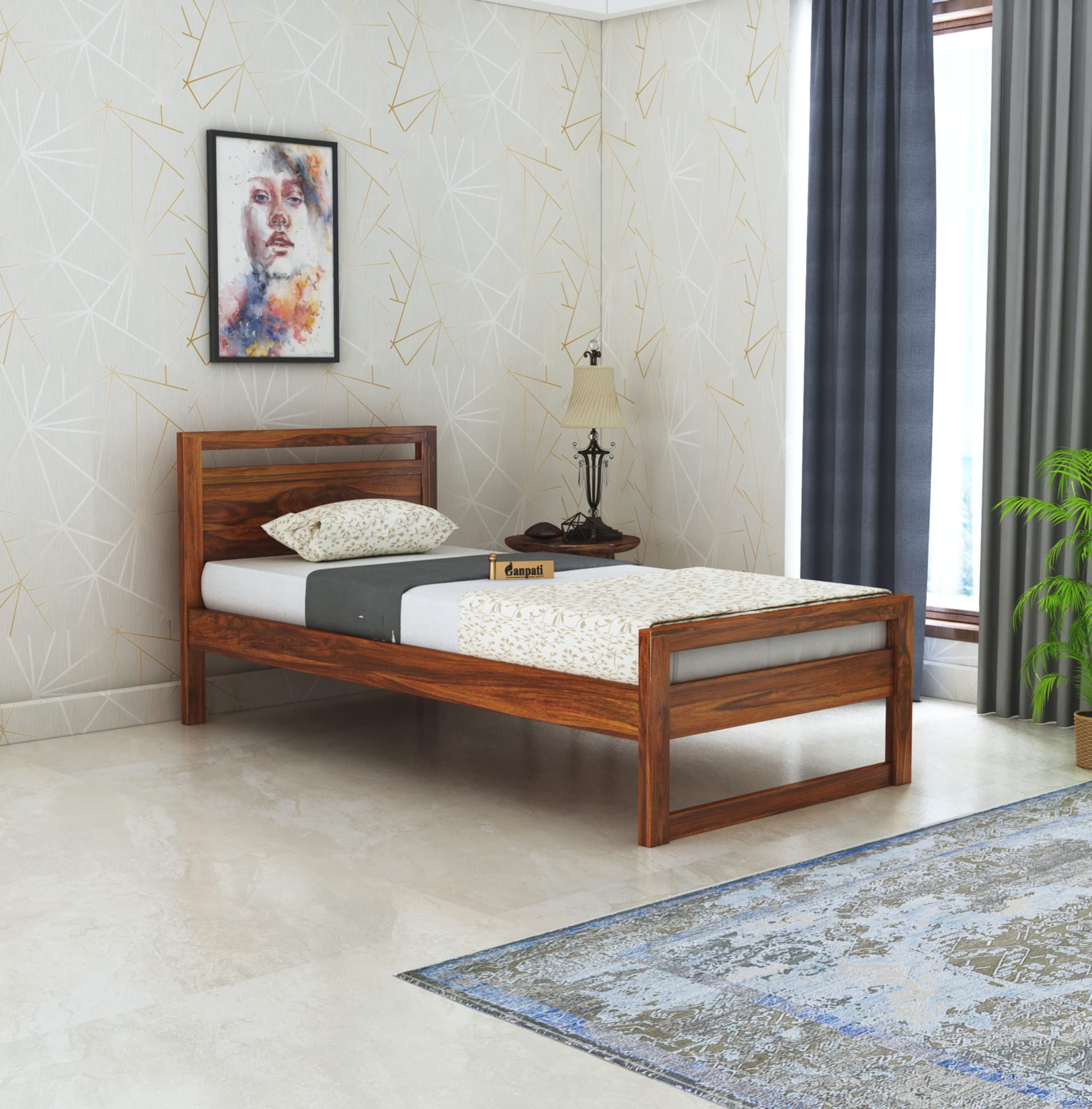Ganpati Arts Sheesham Wood Rio Single Size Bed Without Storage For Bedroom Living Room Home Wooden Palang For Hotel (Natural Fin