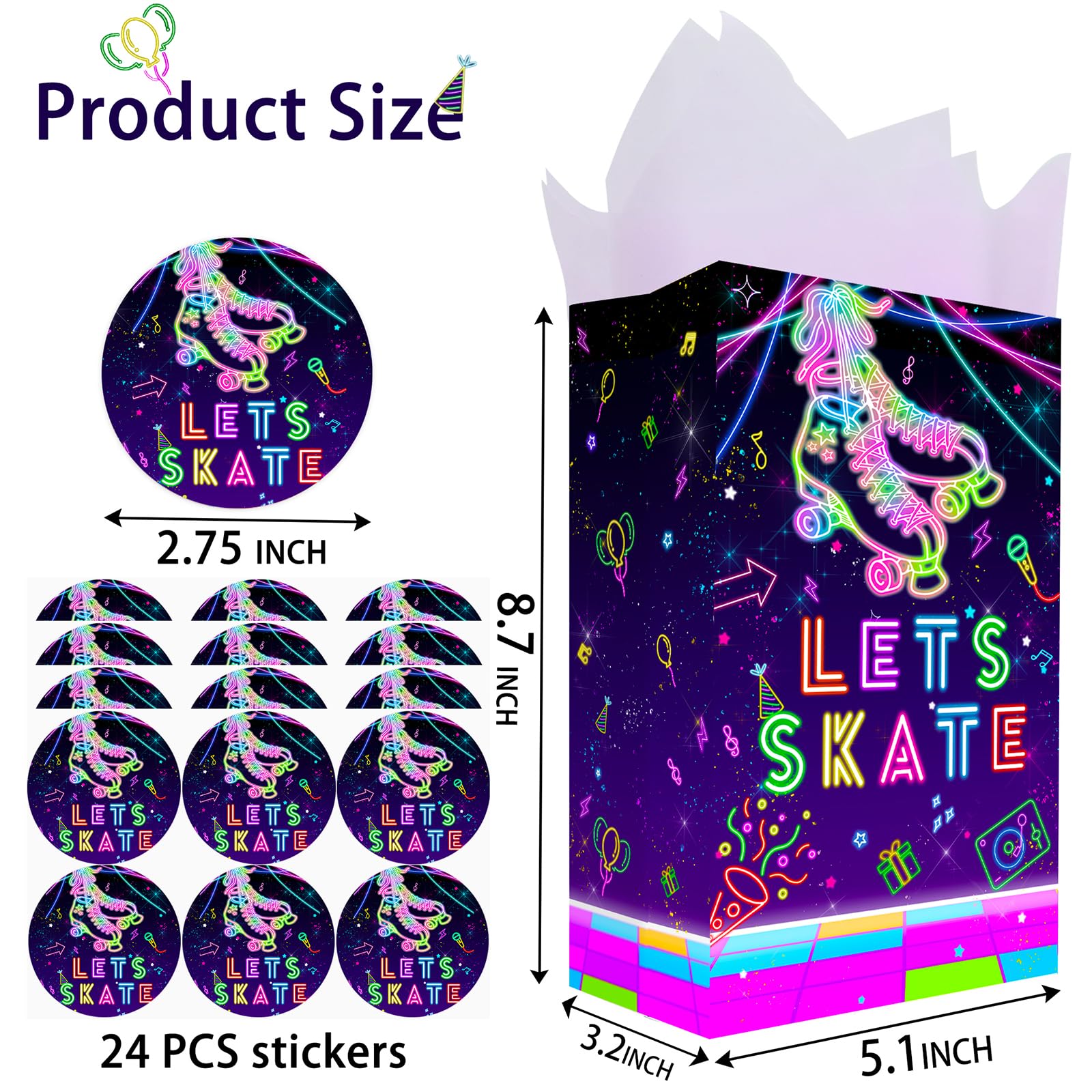 Outego 24 Roller Skating Goodie Bags Glow Party Birthday Bags, Skate Favor Bags, Glow Roller Skating Party, Neon Party Supplies