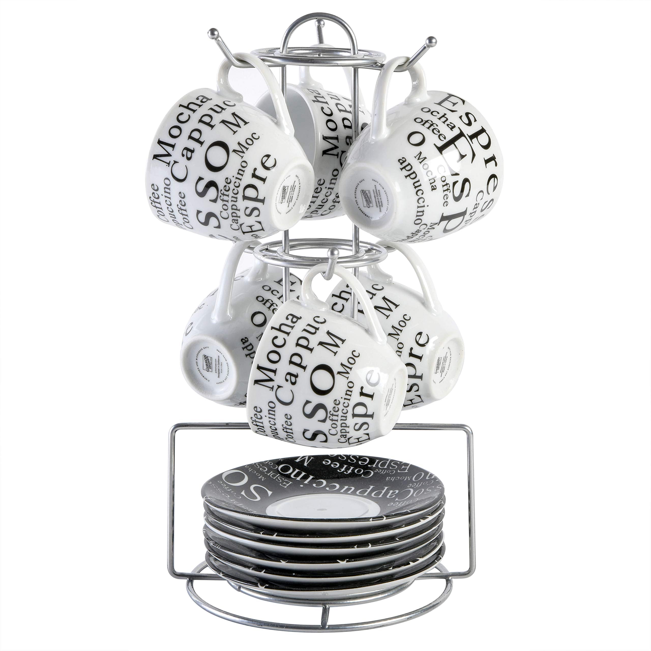Gibson Home Expressions Espresso Porcelain Saucer Set, 13Pc Cups Stand, White/Black