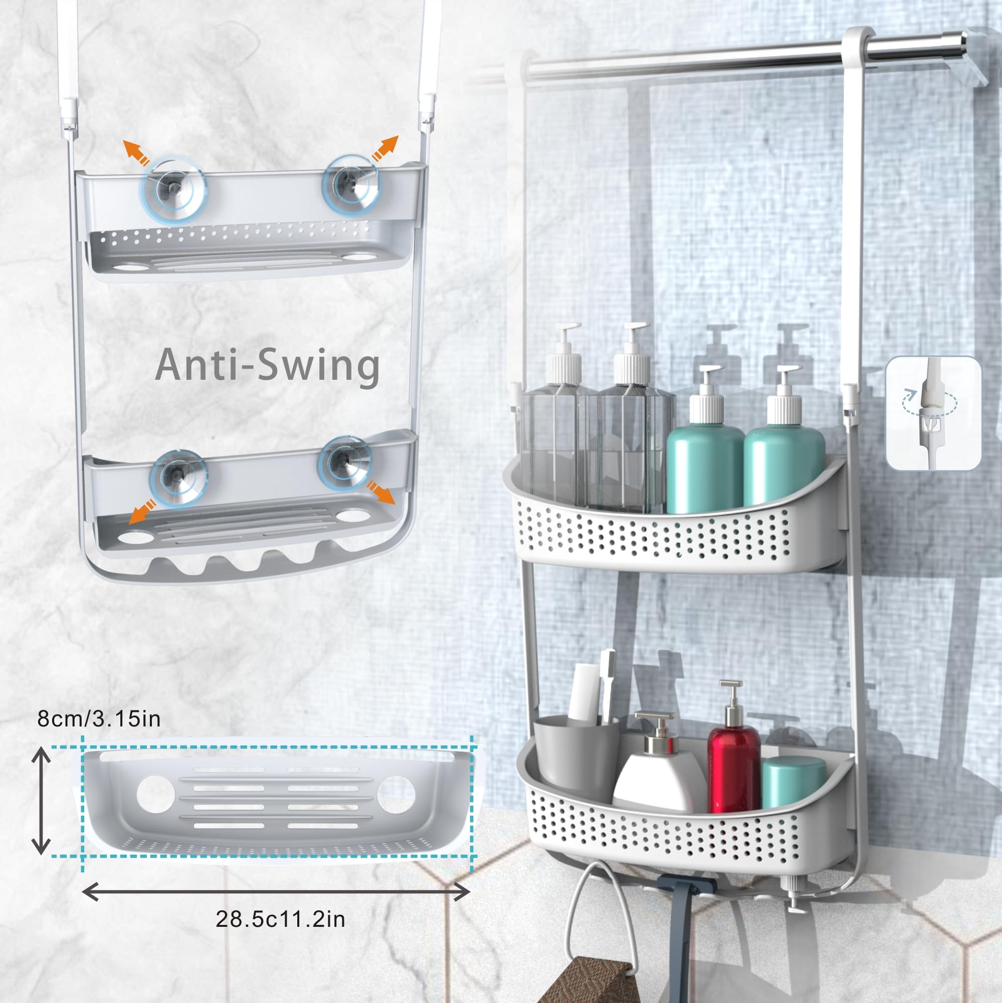 Emt Etrends Shower Caddy Hanging, Anti-Swing Over Head Shower Caddy,Plastic Bathroom Organizer, Multiple Hanging Modes Shelf Wit