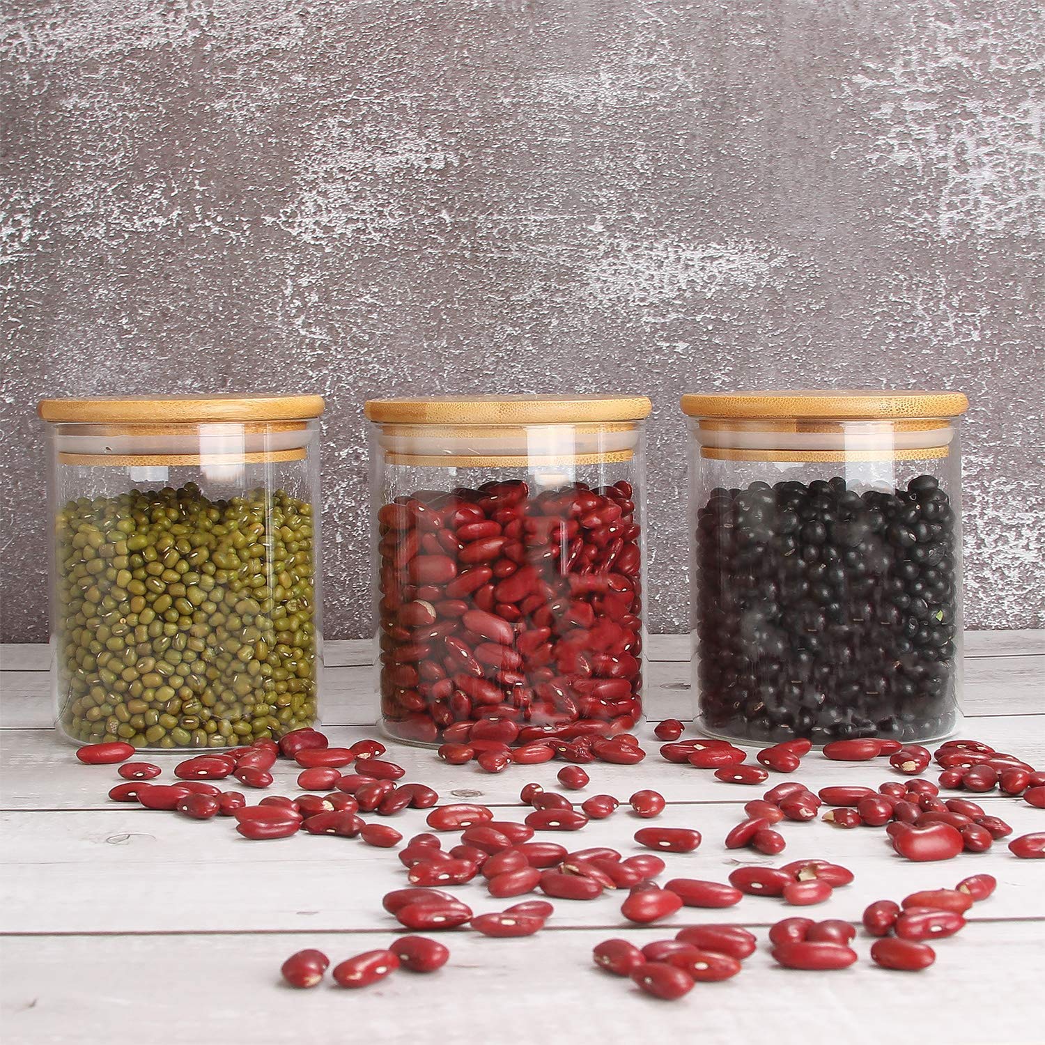 Rosefinch Glass Storage Container With Wood Lid, Stackable Clear Decorative Organizer Bottle Canister Pantry Jar With Air Tight 