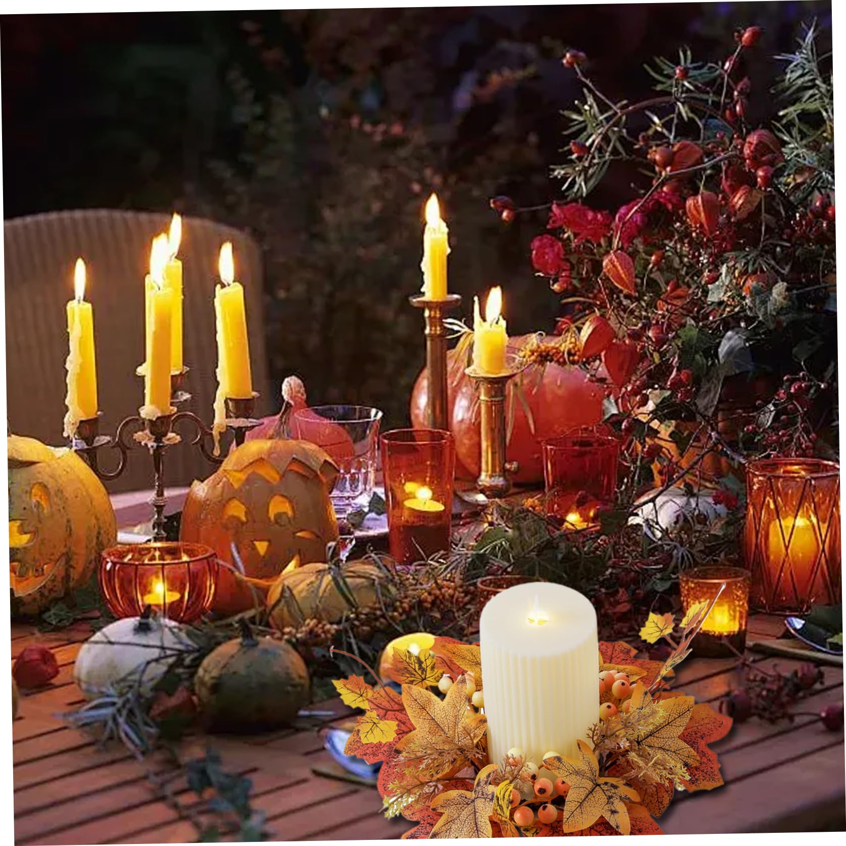 2Pcs Fall Candle Ring 9.8 Inch Autumn Candle Ring Artificial Maple Leaf Wreath Thanksgiving Candle Ring Holder Mini Fall Wreath