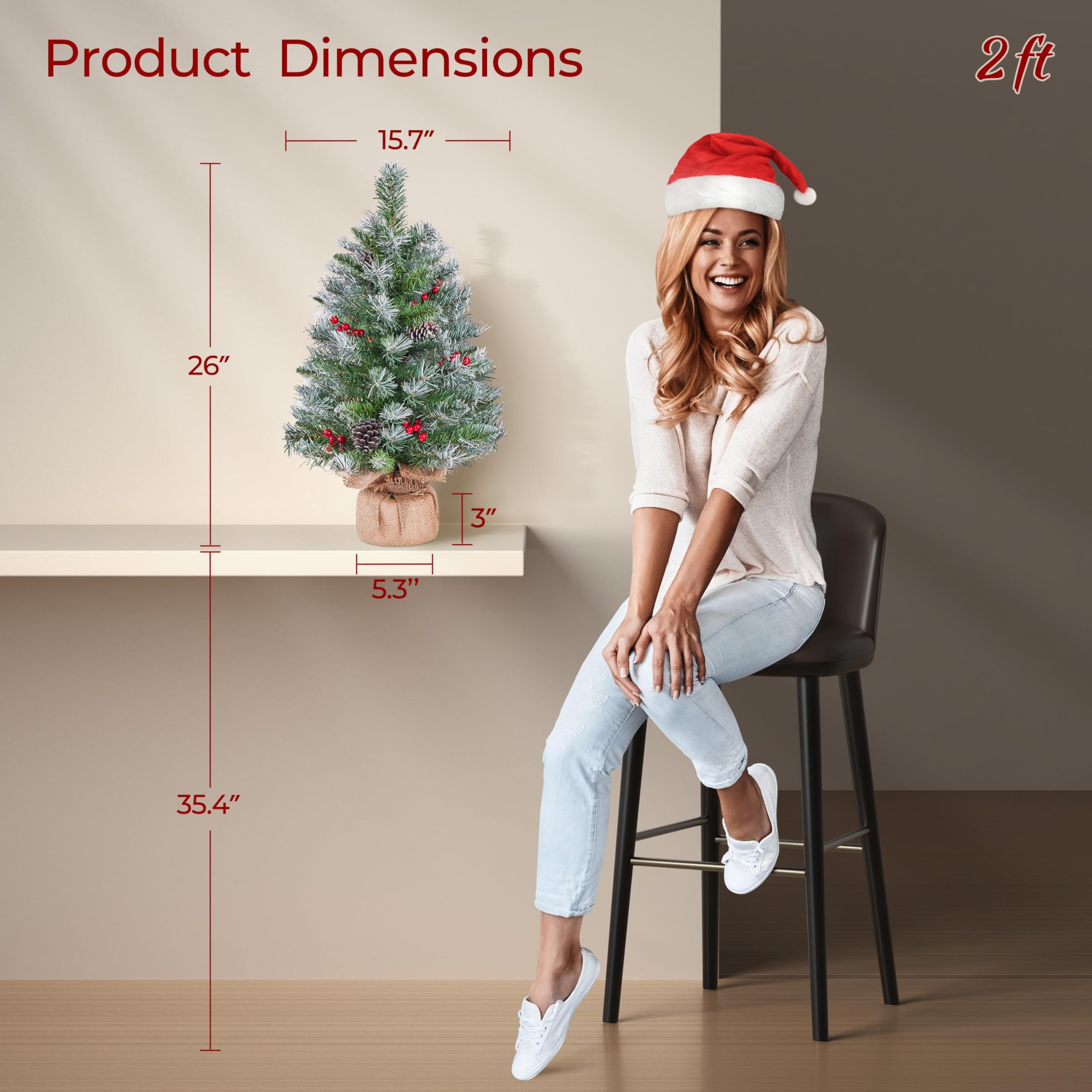 Yaheetech 4Pcs Pre-Lit Artificial Mini Christmas Tree, 2ft Frosted Tabletop Small Christmas Tree with LED Lights, Red Berries &