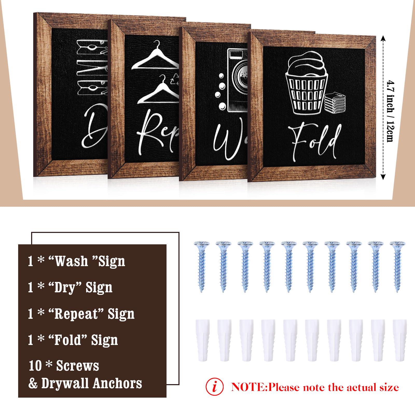 Yerliker Set of 5 Laundry Room Decor for Wall Laundry Room Sign Farmhouse Wooden 4.7 x 4.7 Inch Wash Dry Fold Repeat Signs Rusti