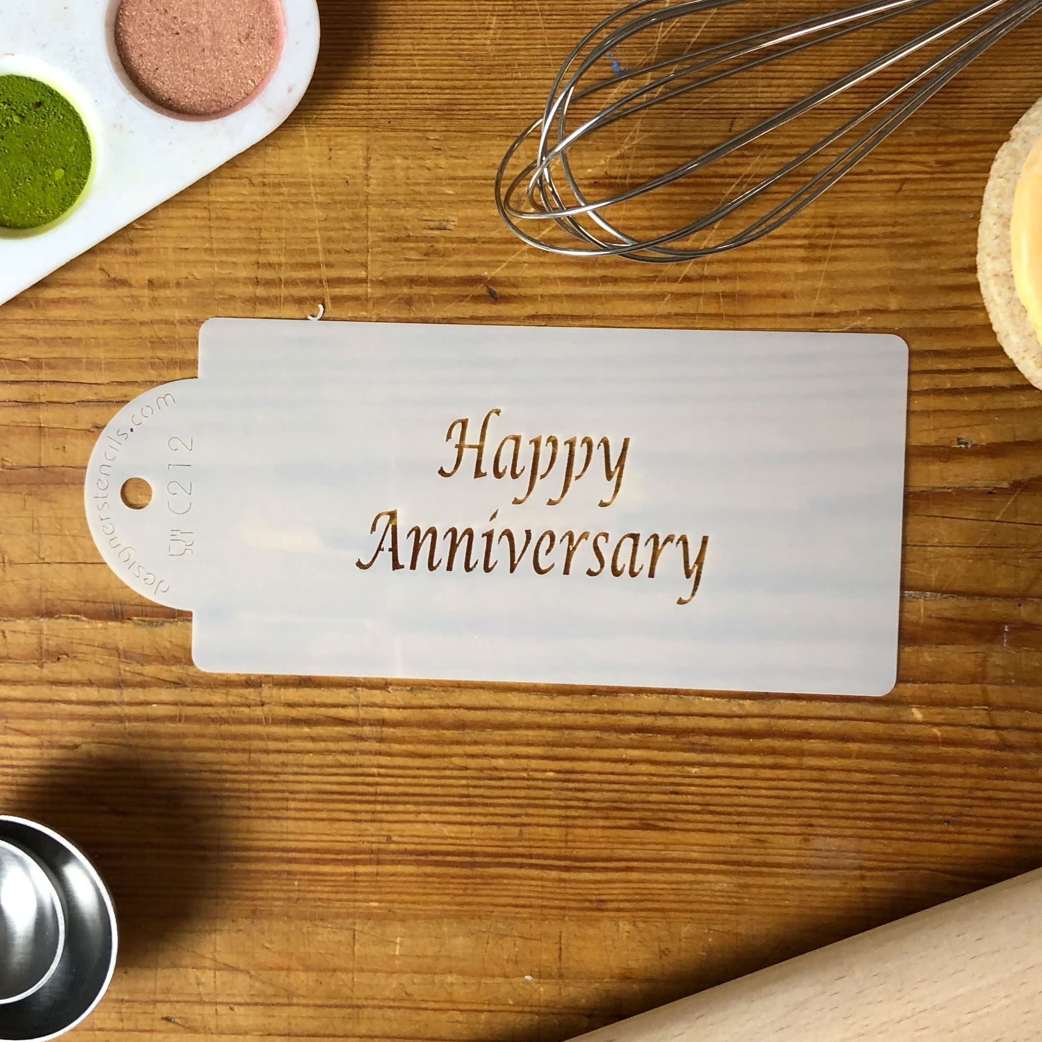 Designer Stencil Happy Anniversary Business Card Cookie Stencil, Beige/Semi-Transparent