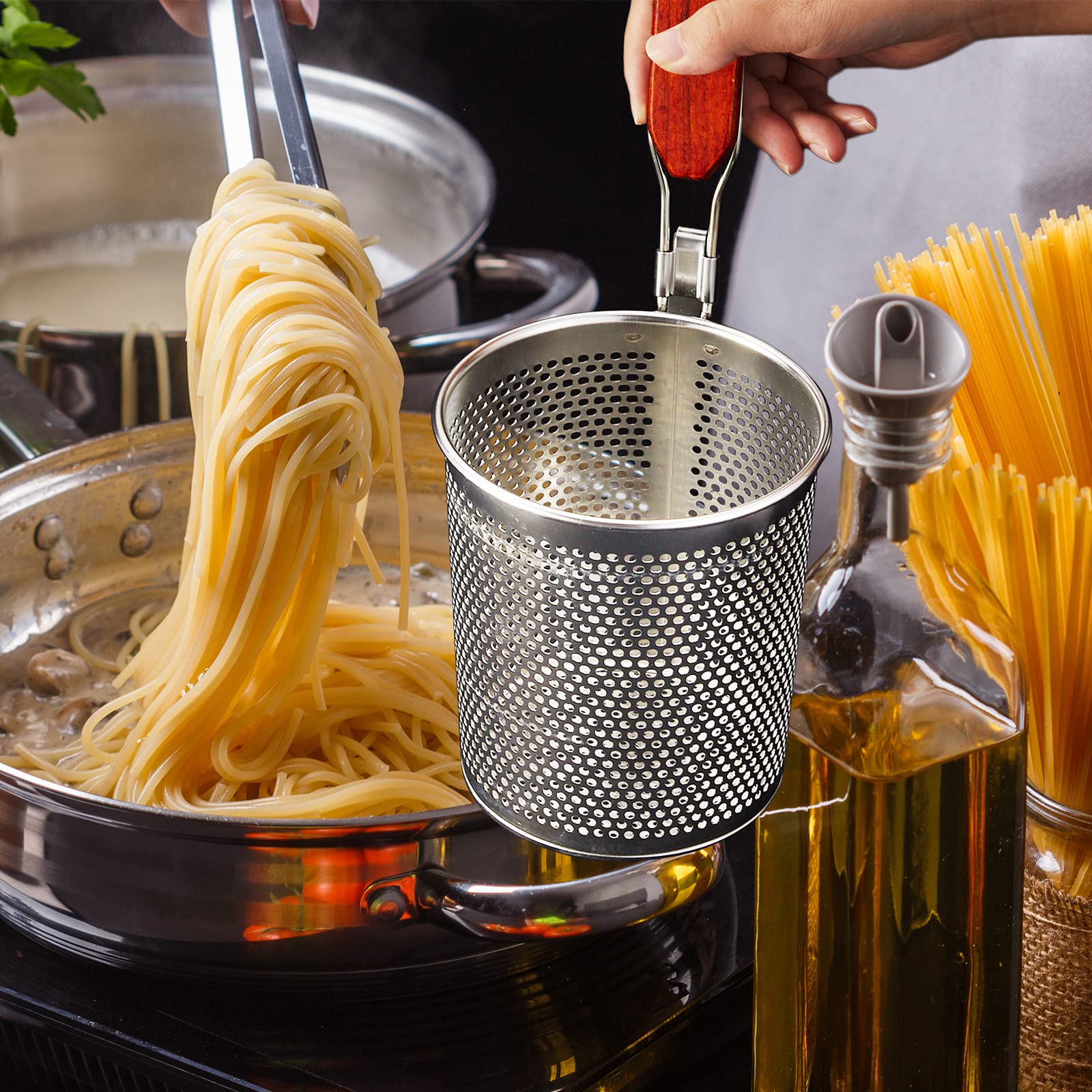 Tessco 6 Pcs Pasta Cooker Stainless Steel Pasta Basket With Wood Handle Kitchen Mesh Spider Pasta Strainer Skimmer Food Dumpling