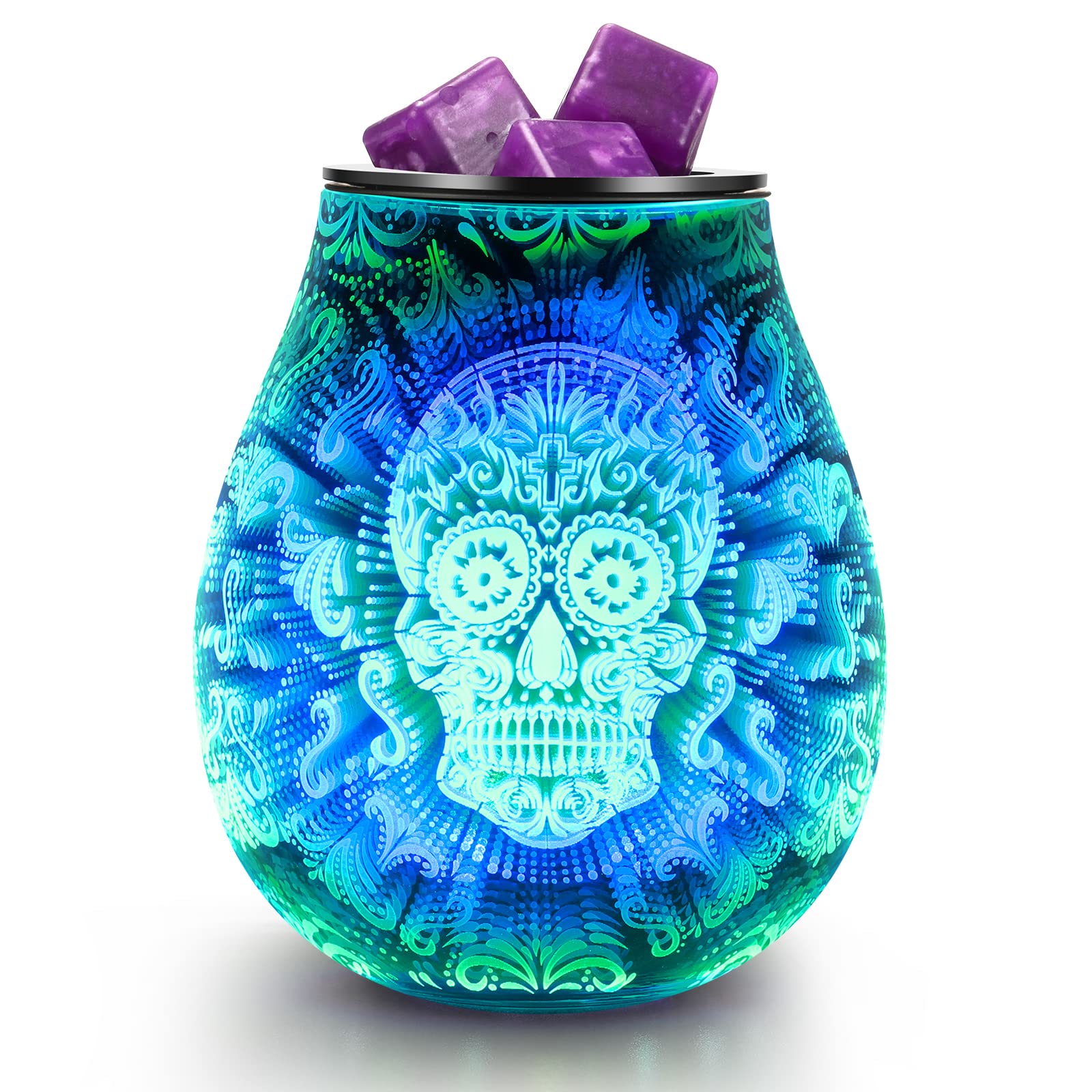 inrorans Skull Halloween 3D Glass Electric Wax Melt Warmer Oil Burner with 7 Colour Cycle Changing LED Light PTC Heating Removab