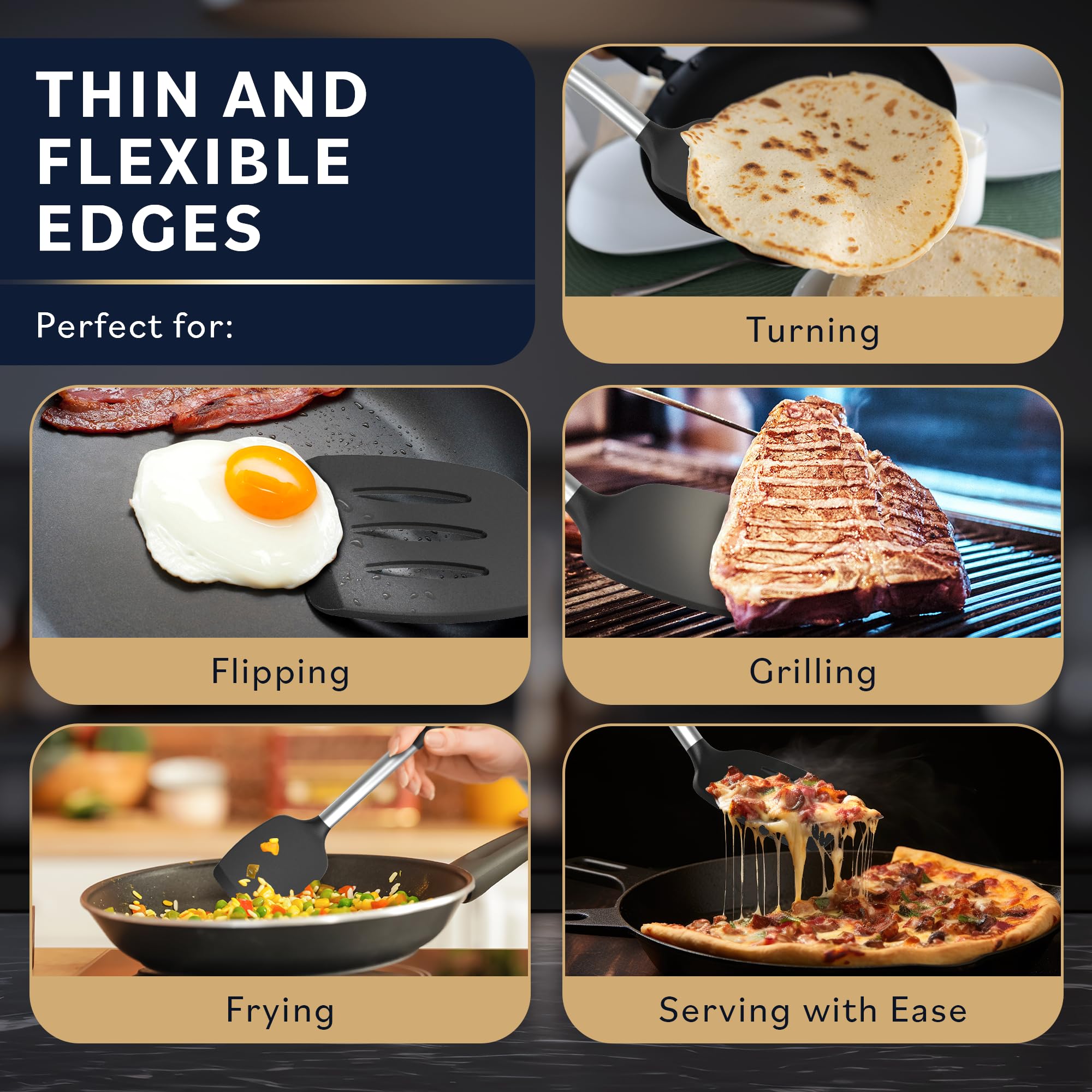 Home Hero Silicone Spatula Set With Ergonomic Handles - Stainless Steel High Heat Resistant Solid & Slotted Turner, Bpa Free Non